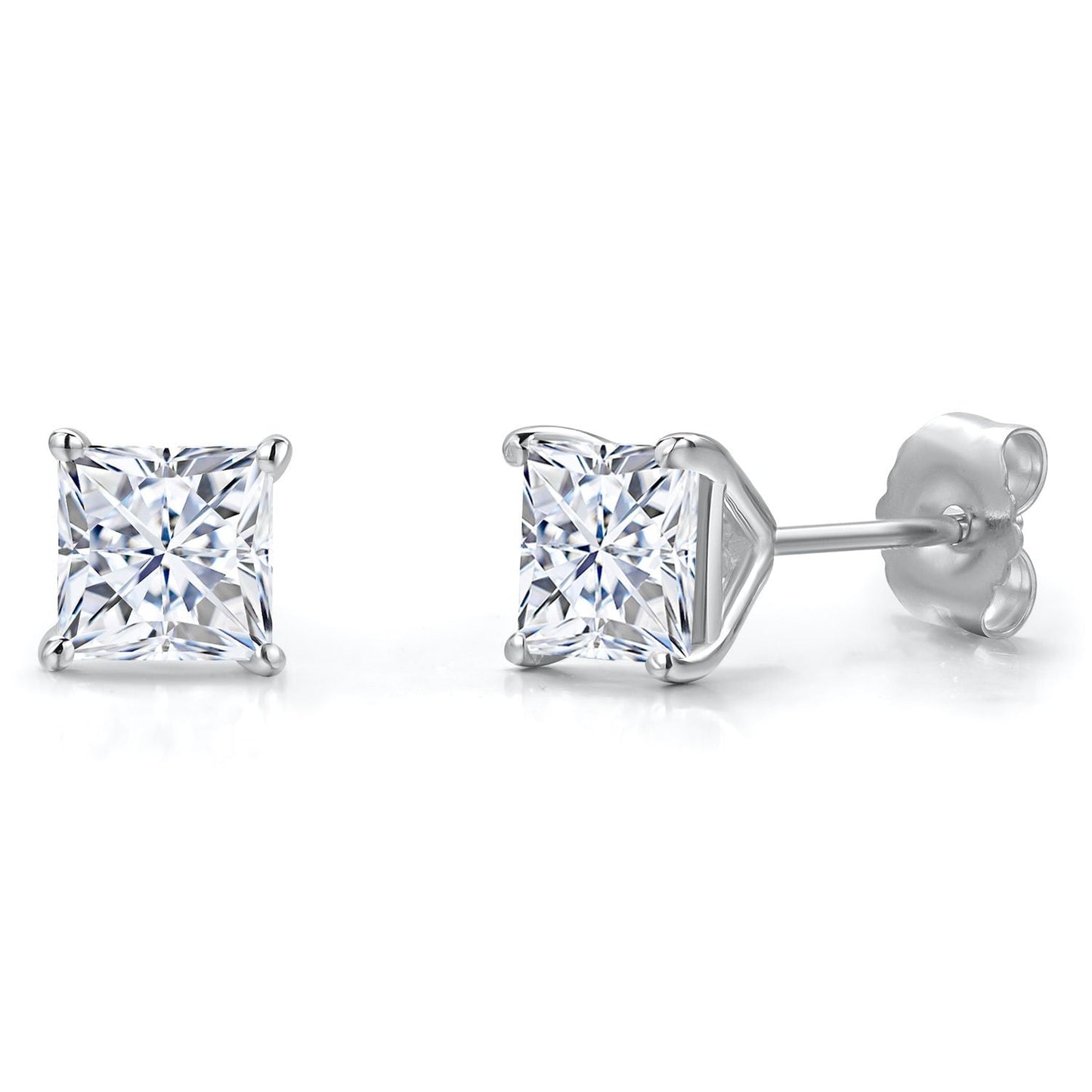 14K White Gold 5MM Princess Gemstone Birthstone Stud Earrings | Double Notch | Gold Earrings For Women Men