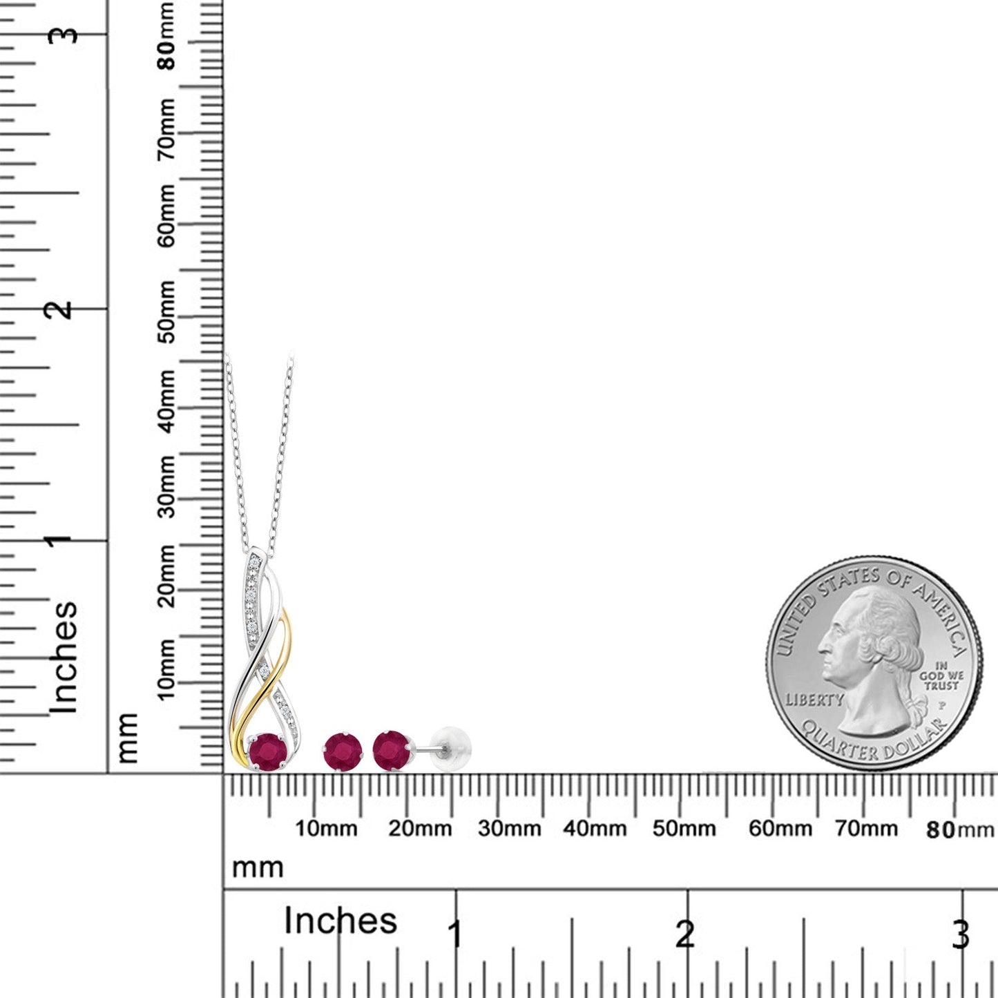 925 Silver and 10K Yellow Gold Red Ruby and Diamond Pendant and Earrings Jewelry Set For Women 0.94 Cttw, Gemstone Birthstone, with 18 Inch Chain