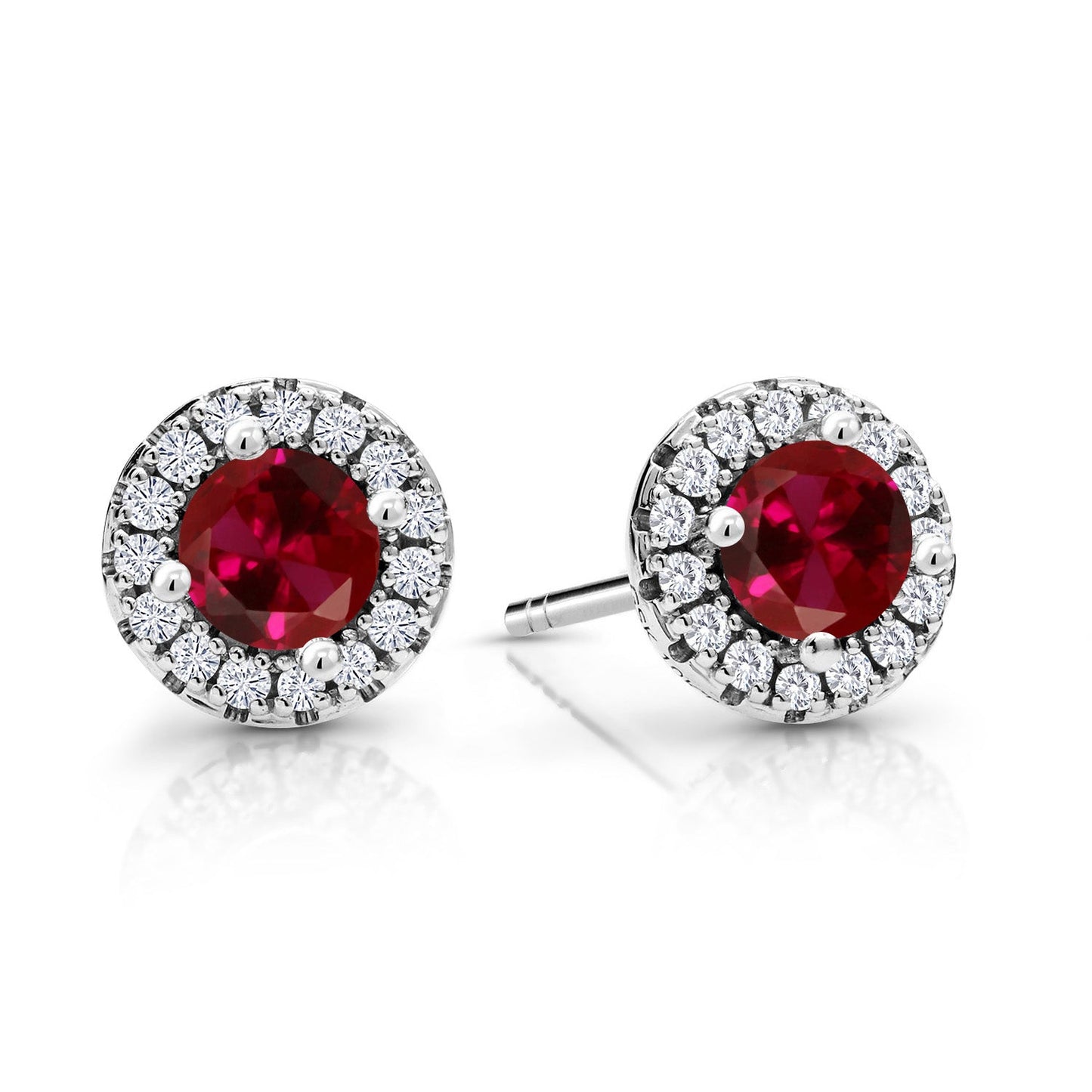 10K White Gold 4MM Round Gemstone Birthstone and White Lab Grown Diamond Halo Earrings | Gold Earrings For Women