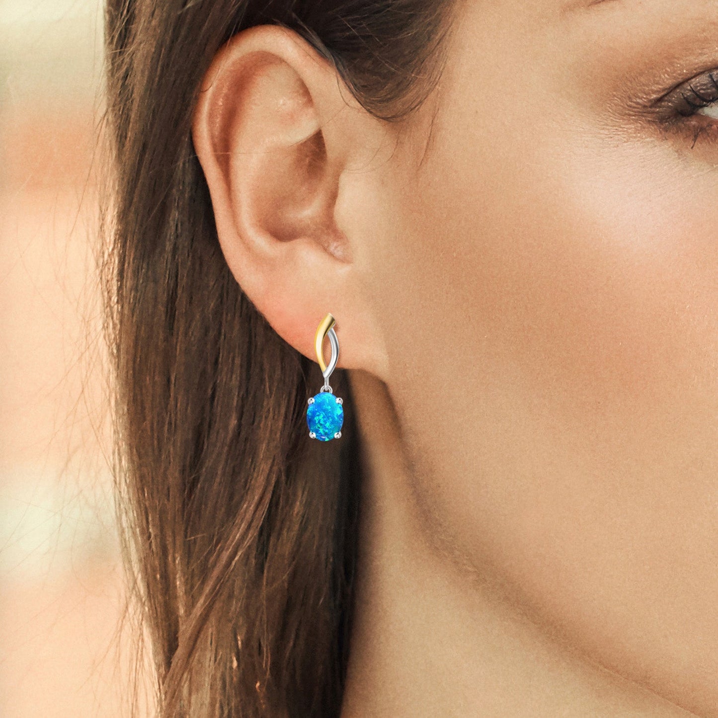 925 Silver and 10K Yellow Gold Cabochon Blue Simulated Opal Dangle Earrings For Women (2.12 Cttw, Oval 8X6MM)