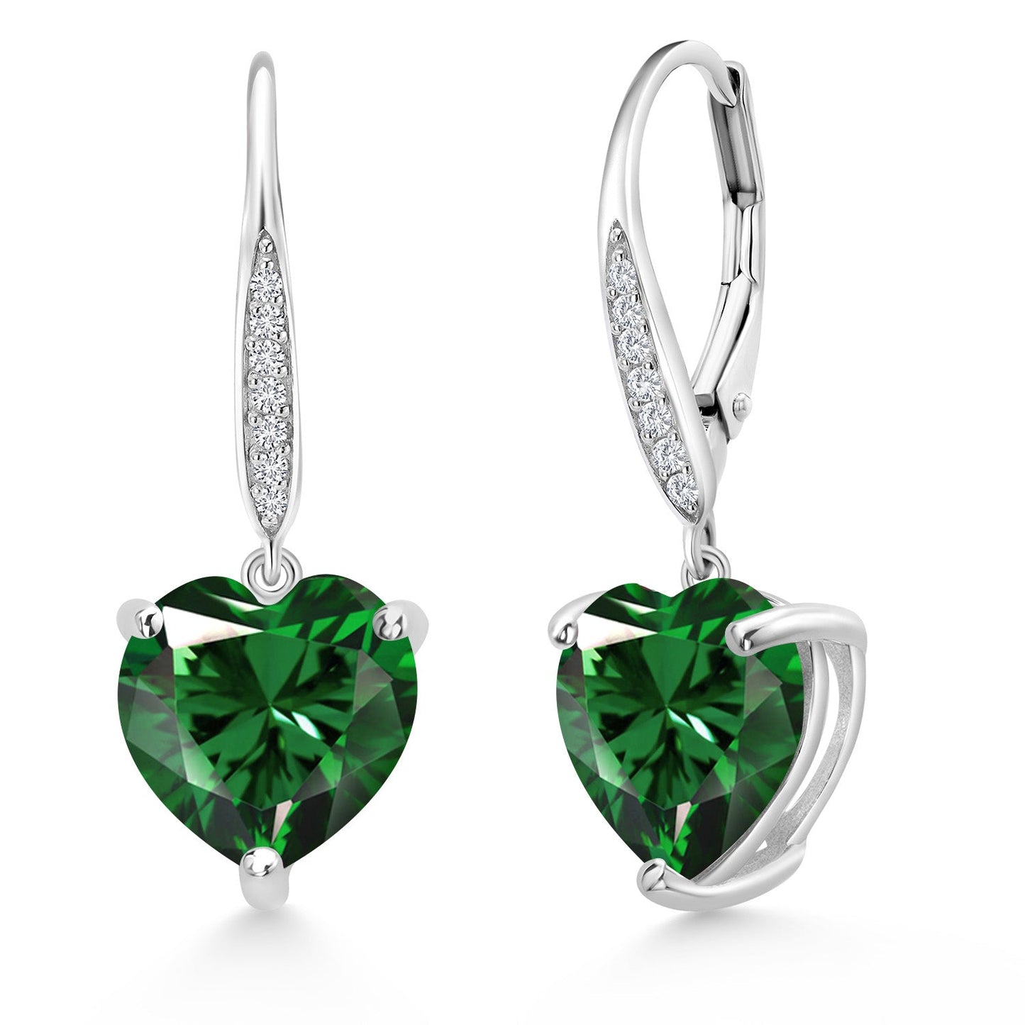 925 Sterling Silver 10MM Heart Shape Gemstone Birthstone and White Lab Grown Diamond Leverback Dangle Drop Earrings | Gold Earrings For Women