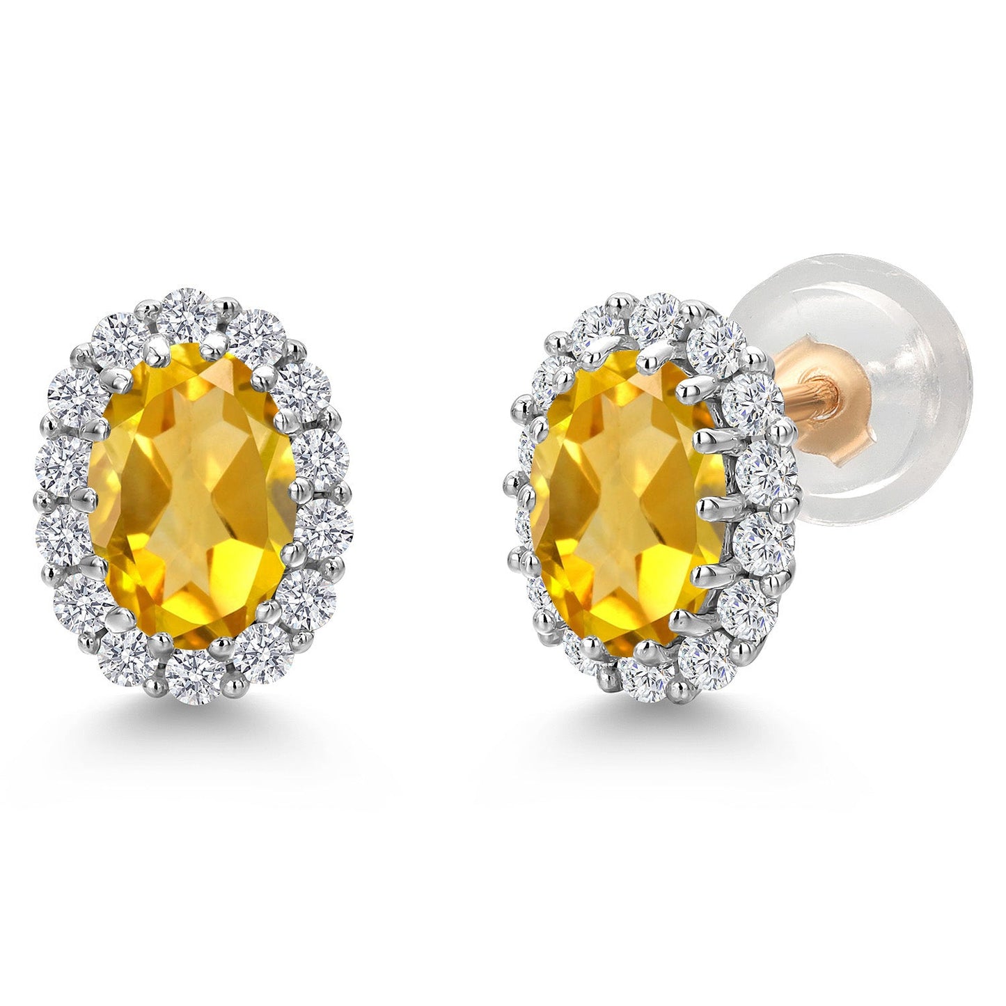 10K Solid Gold Post and Sterling Silver 6X4MM Oval Gemstone Birthstone and White Lab Grown Diamond Halo Earrings For Women