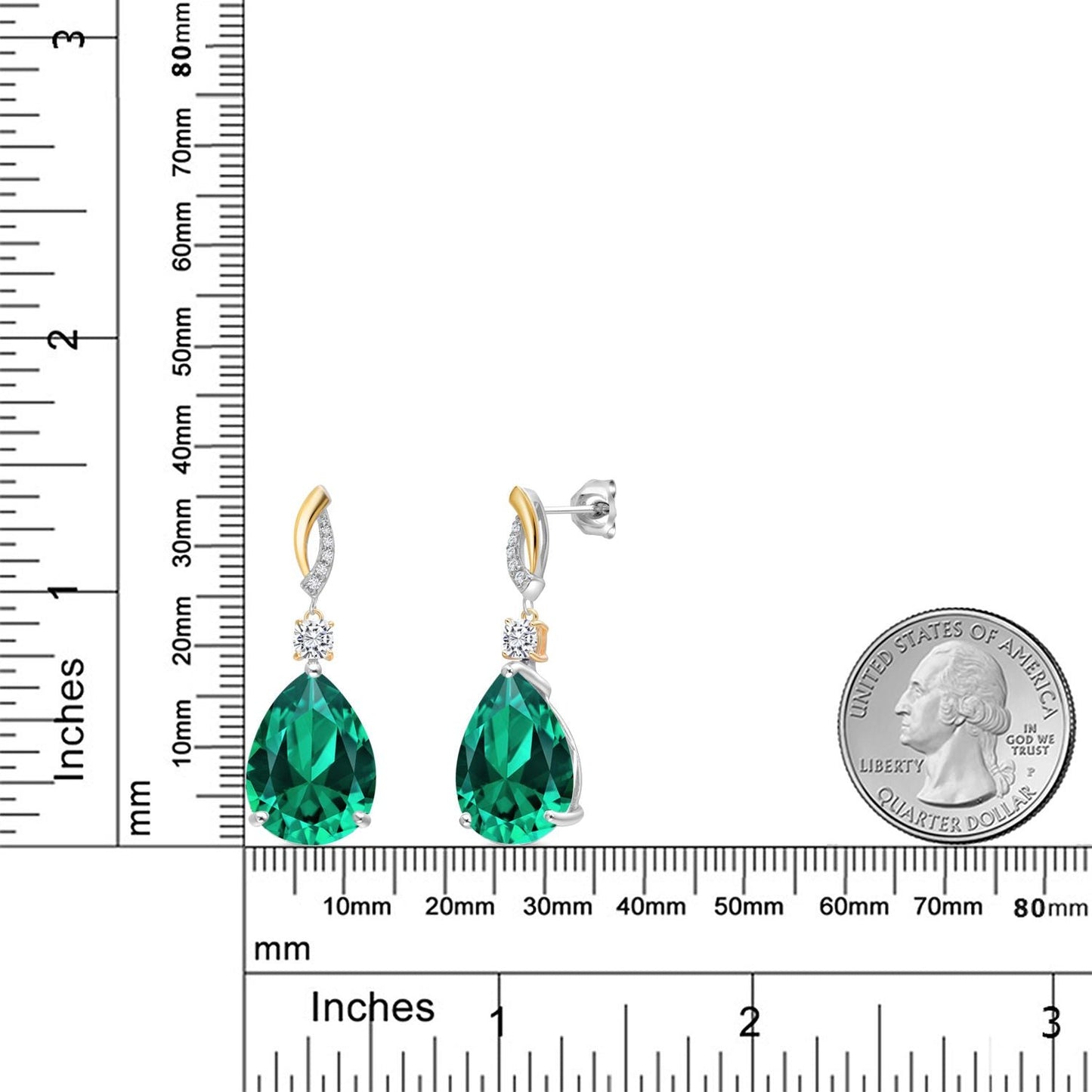 19.19 Cttw 925 Silver and 10K Yellow Gold Green Nano Emerald White Moissanite and White Lab Grown Diamond Earrings For Women | Gemstone Birthstone | Pear Shape 18X13MM
