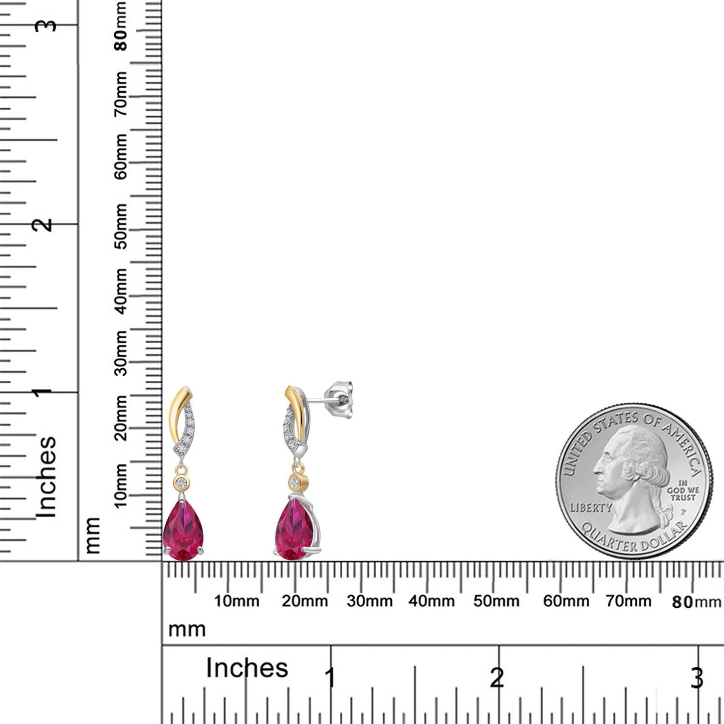 925 Silver and 10K Yellow Gold Red Created Ruby and White Lab Grown Diamond Earrings For Women | 2.97 Cttw | Gemstone July Birthstone | Pear Shape 9X6MM