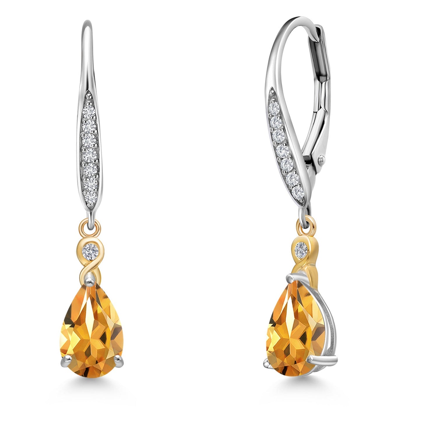 925 Silver and 10K Yellow Gold 8X5MM Pear Shape Gemstone Birthstone and White Lab Grown Diamond Leverback Drop Dangle Earrings For Women