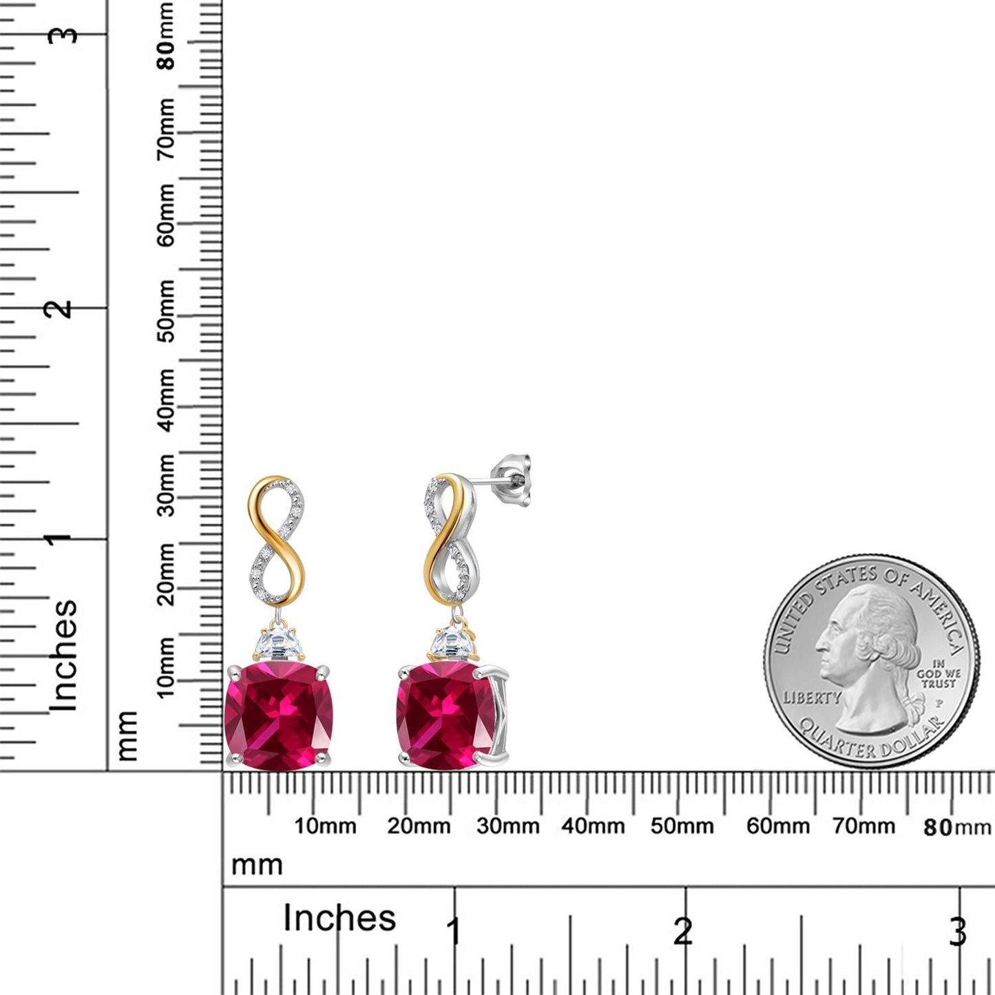 925 Silver and 10K Yellow Gold Red Created Ruby and Moissanite and White Lab Grown Diamond Dangle Earrings for Women | 16.52 Cttw | Gemstone July Birthstone | Cushion 12MM