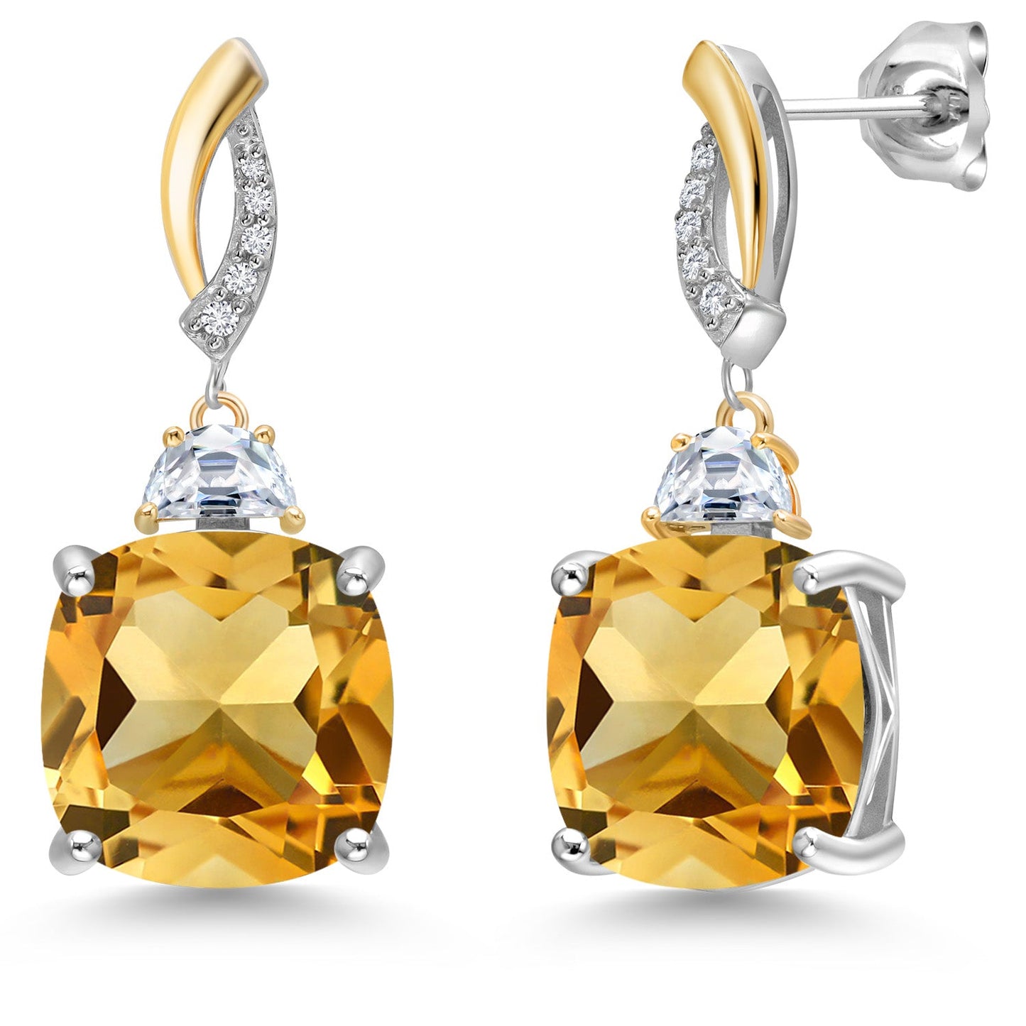 925 Silver and 10K Yellow Gold Cushion 12MM Gemstone Birthstone 5X3MM Half Moon Moissanite and White Lab Grown Diamond Dangle Earrings for Women