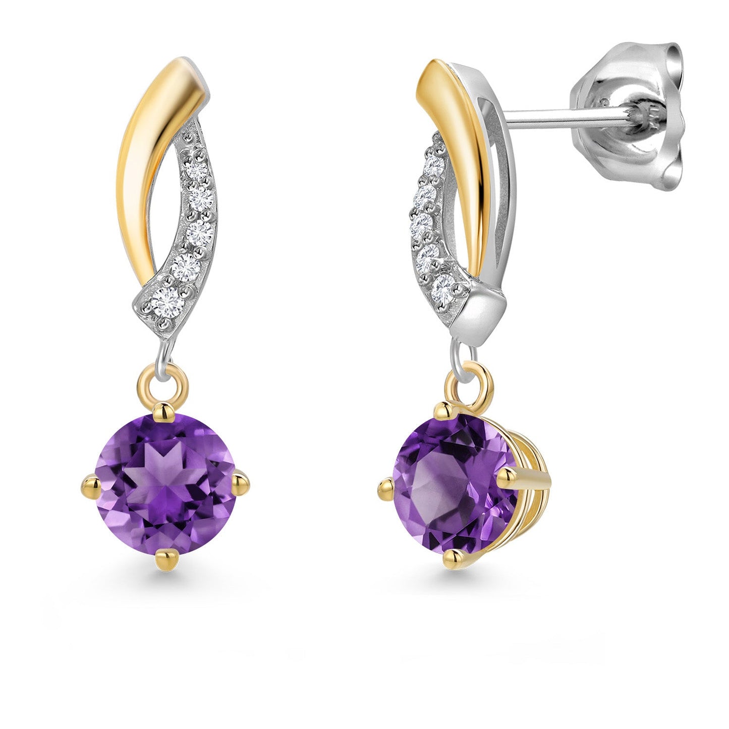925 Silver and 10K Yellow Gold 5MM Round Gemstone Birthstone and White Lab Grown Diamond Drop Dangle Earrings for Women
