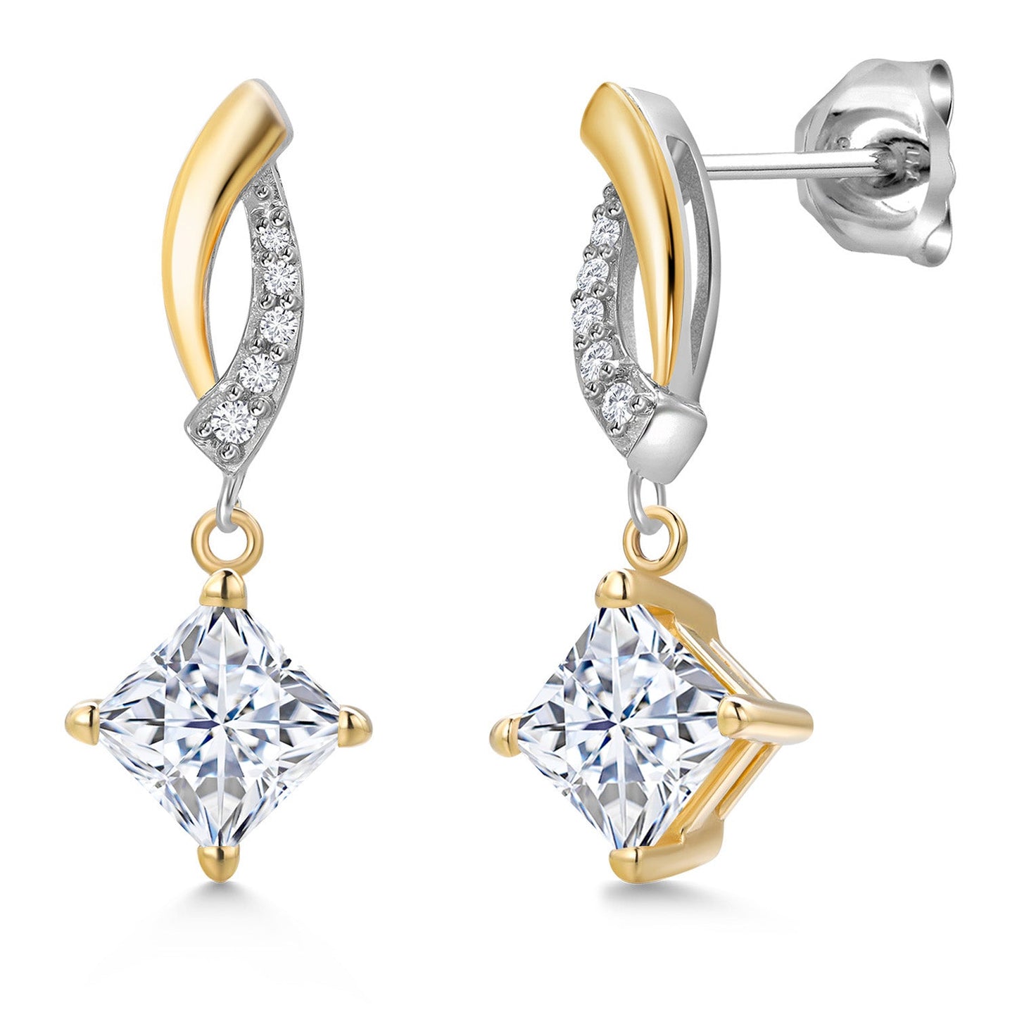 925 Silver and 10K Yellow Gold 5MM Princess Cut Gemstone Birthstone and White Lab Grown Diamond Dangle Earrings for Women