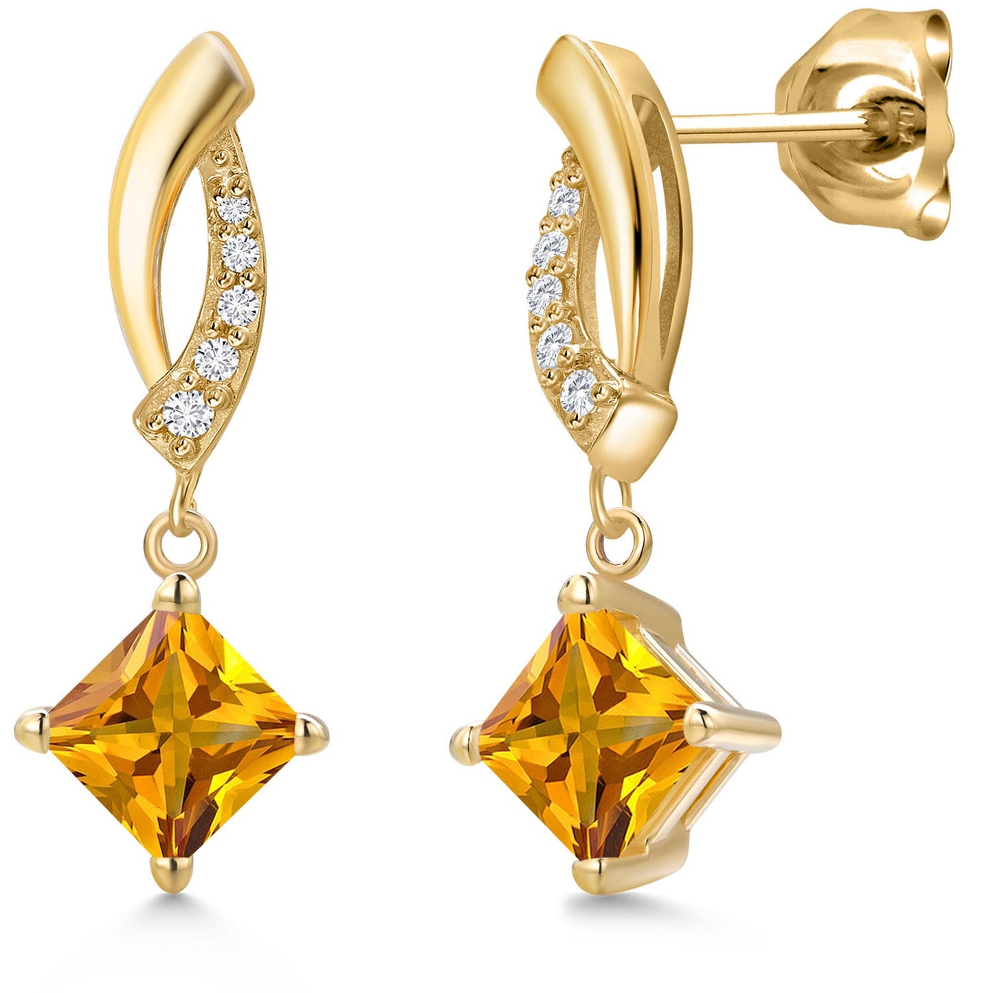 10K Yellow Gold 5MM Princess Gemstone Birthstone and White Lab Grown Diamond Infinity Dangle Earrings for Women | Gold Earrings For Women