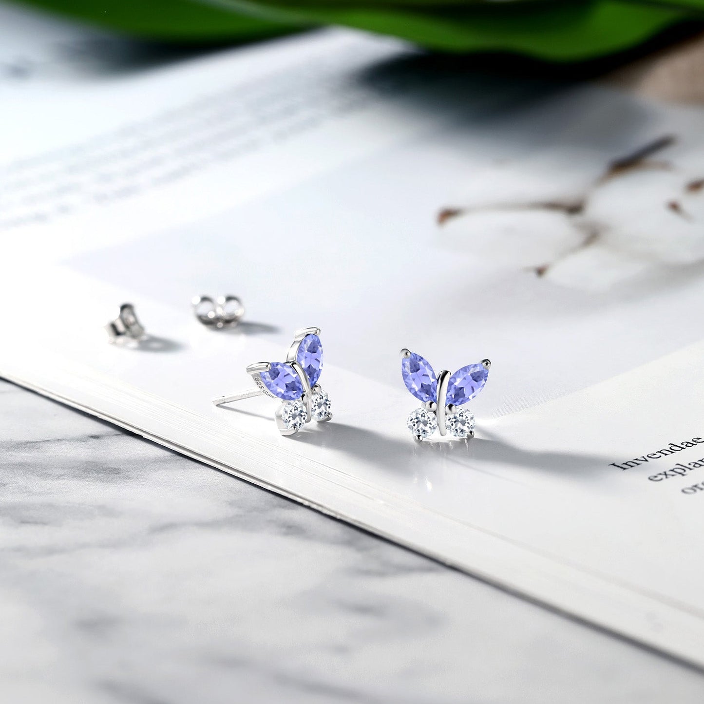 925 Silver Marquise Blue Tanzanite and White Topaz Butterfly Earrings For Women (1.56 Cttw, Gemstone December Birthstone, Center Stone: 6X3MM, Small Stones: 3MM)
