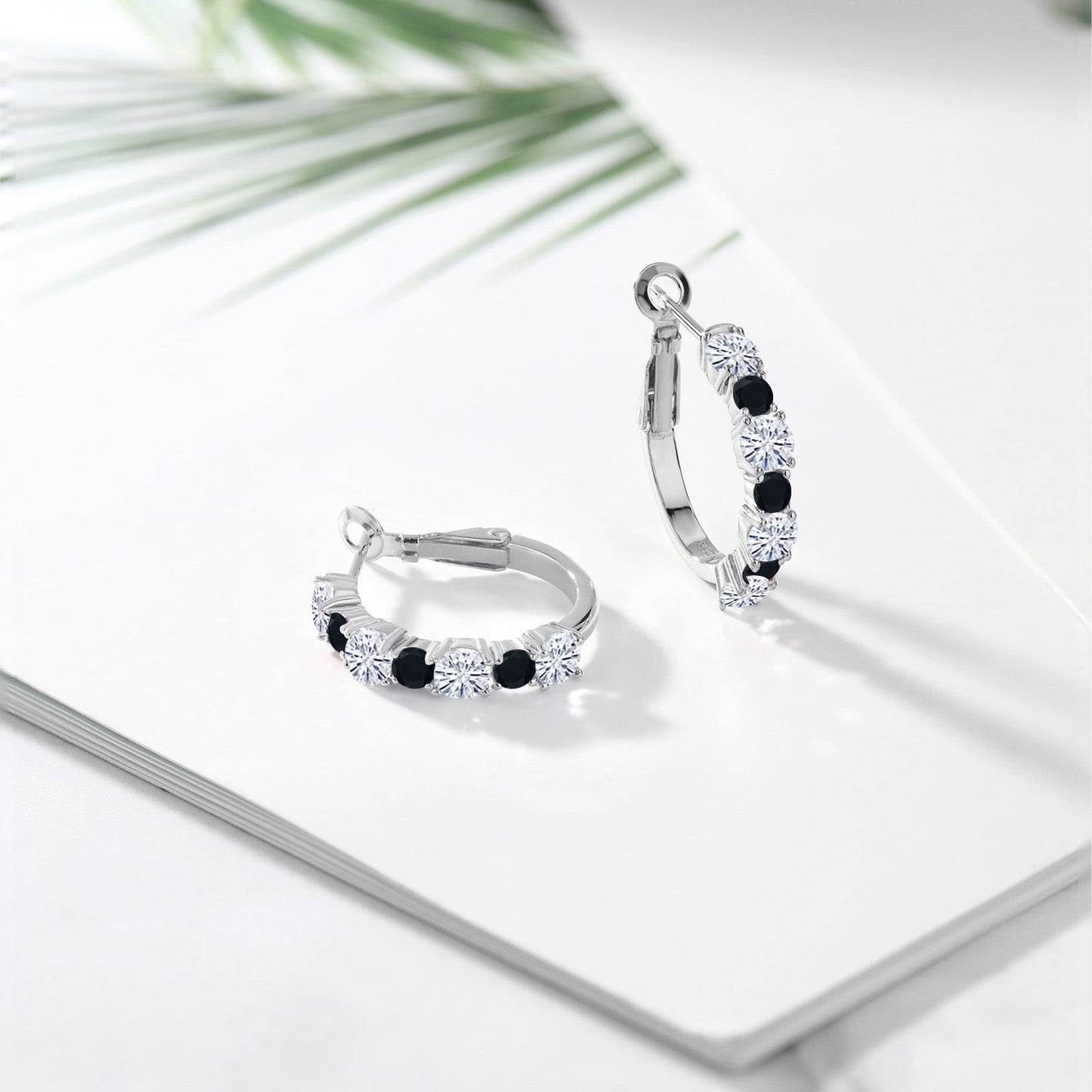 925 Sterling Silver White Moissanite and Black Onyx Hoop Earrings For Women (2.44 Cttw, Gemstone Birthstone, Round 4MM and 3MM)