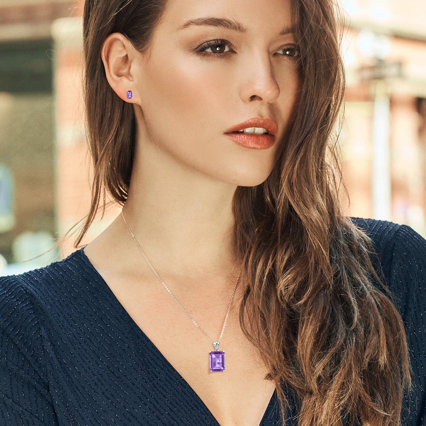 925 Sterling Silver Purple Amethyst and White Topaz Pendant and Earrings Jewelry Set For Women (16.07 Cttw, Gemstone February Birthstone, Emerald Cut 18X13MM and 6X4MM, with 18 Inch Chain)