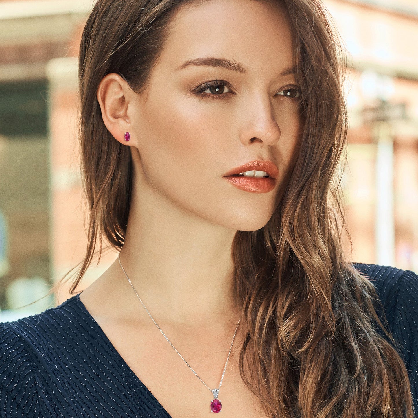 925 Sterling Silver Red Created Ruby and White Lab Grown Diamond Pendant and Earrings Jewelry Set For Women (6.74 Cttw, Gemstone Birthstone, Oval 11X9MM and 8X6MM with 18 Inch Silver Chain)