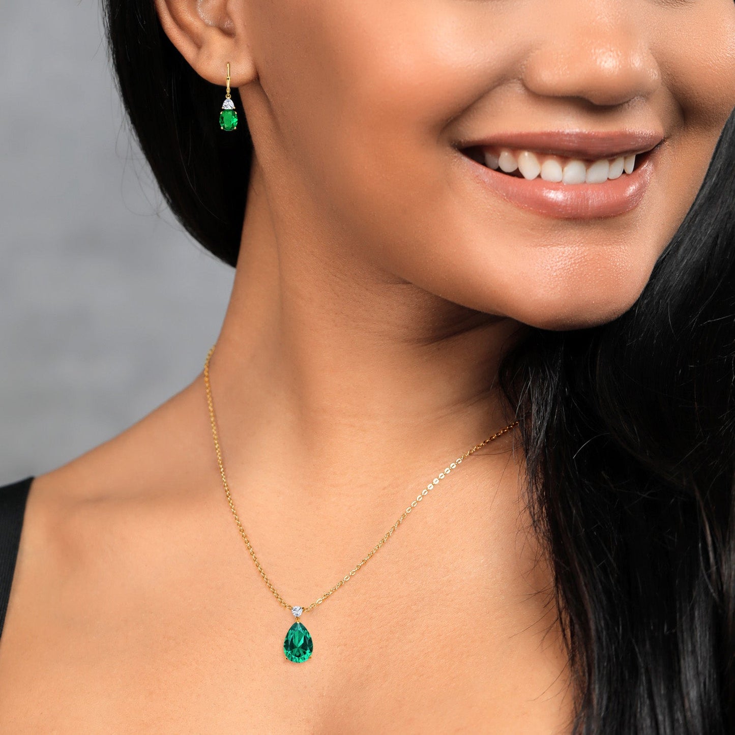 18K Yellow Gold Plated Silver Green Nano Emerald and White Moissanite Pendant Earrings Jewelry Set For Women (14.66 Cttw, Pear Shape 18X13MM, with 18 Inch Chain)