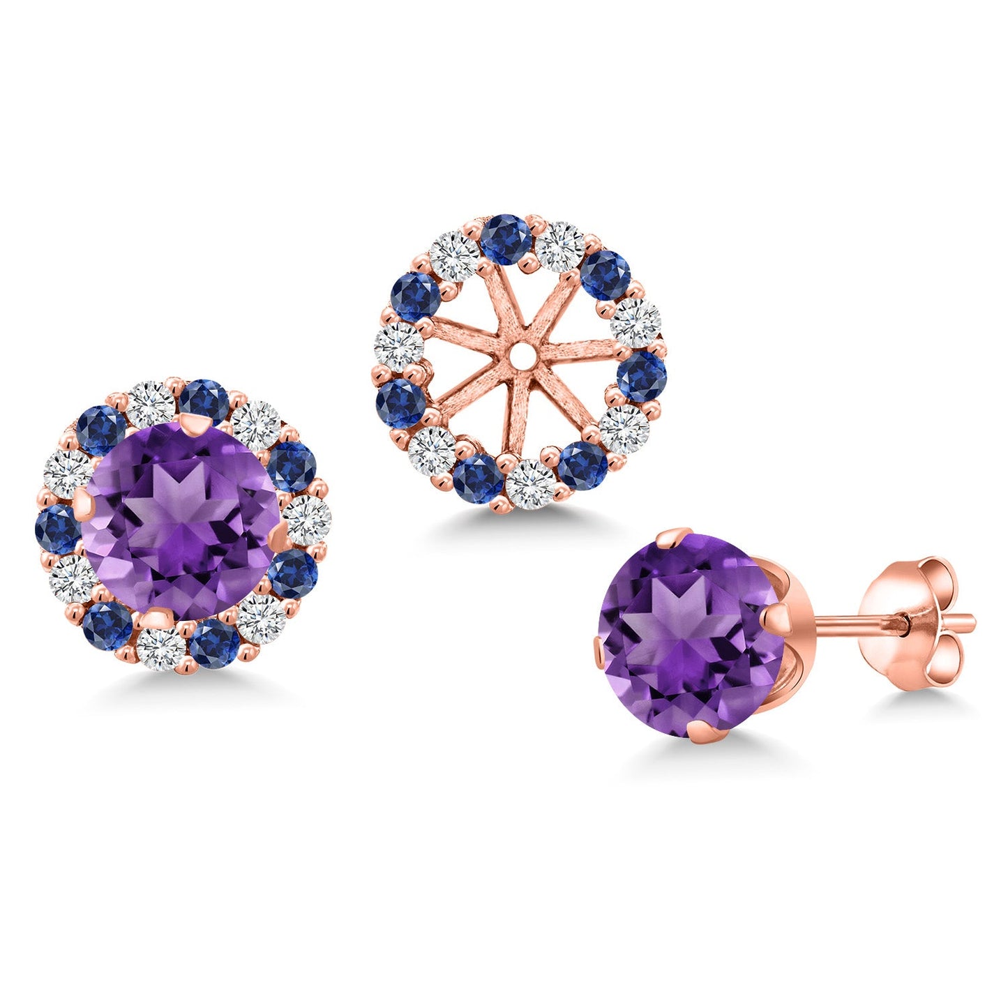 18K Rose Gold Plated Silver 6MM Round Gemstone Birthstone Halo Stud Earrings for Women with Removable Jackets