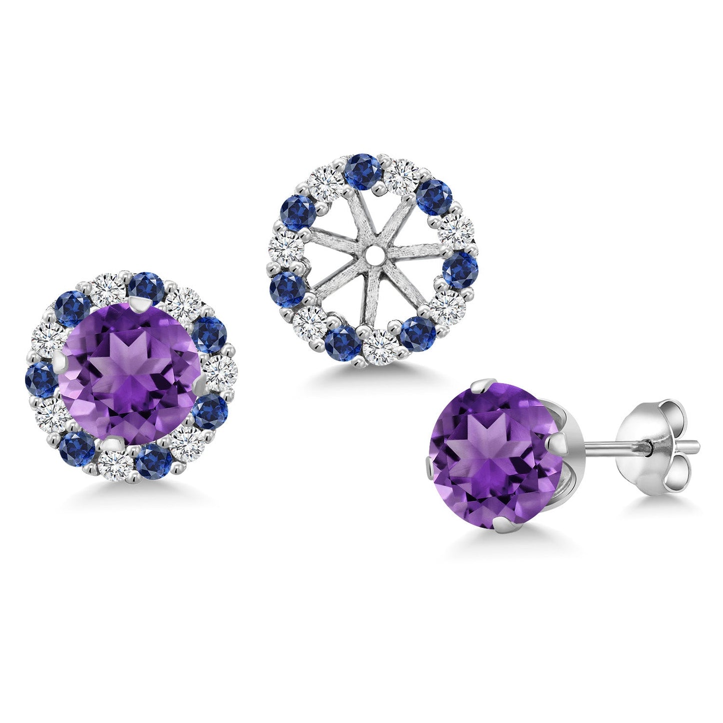 925 Sterling Silver 6MM Round Gemstone Birthstone Halo Stud Earrings for Women with Removable Jackets