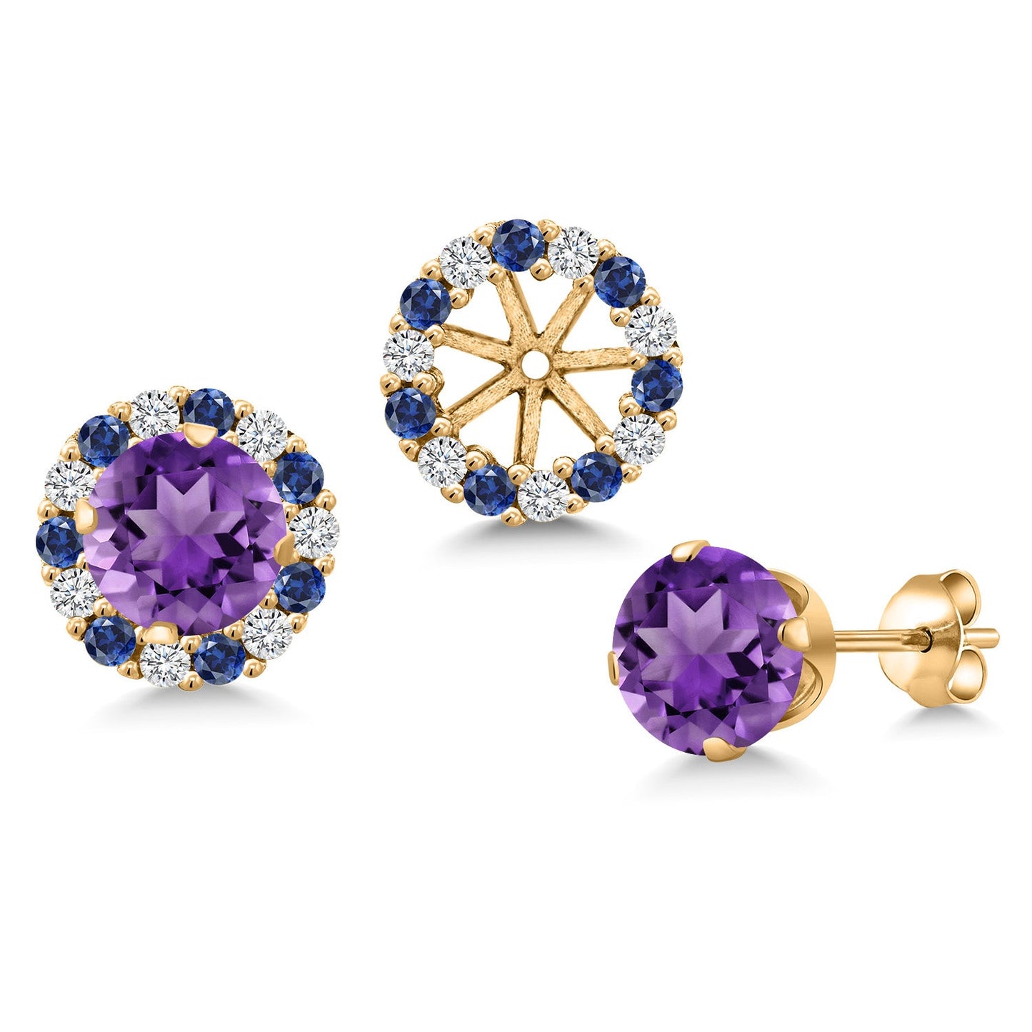 18K Yellow Gold Plated 6MM Round Gemstone Birthstone Halo Stud Earrings for Women with Removable Jackets