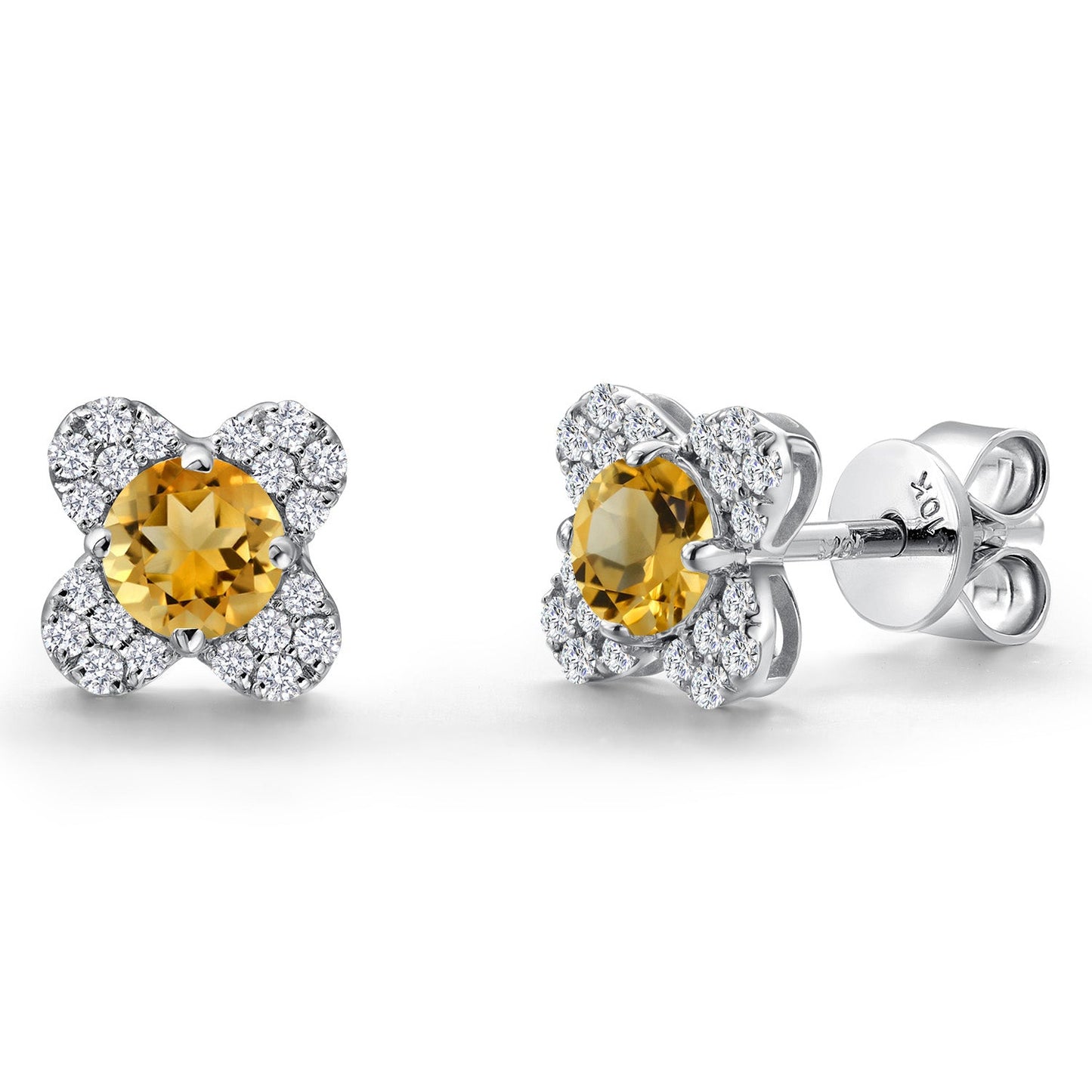 10K White Gold 4MM Round Gemstone Birthstone and White Lab Grown Diamond Flower Stud Earrings | Gold Earrings For Women
