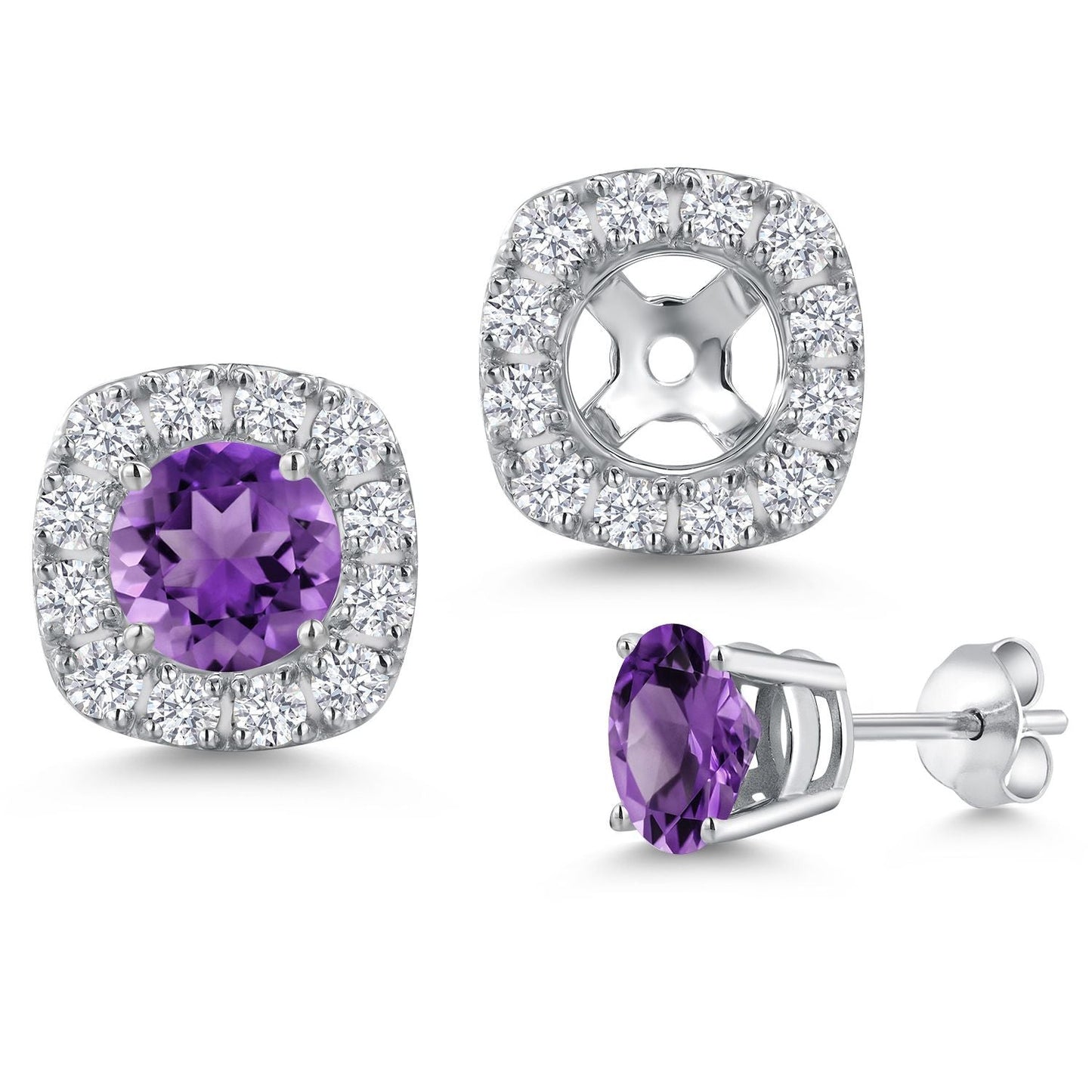 14K White Gold 5MM Round Gemstone Birthstone Stud Earrings with Removable Jackets and Lab Grown Diamond Accents | Gold Earrings For Women | Fine Jewelry Gifts for Her Mom Women Wife