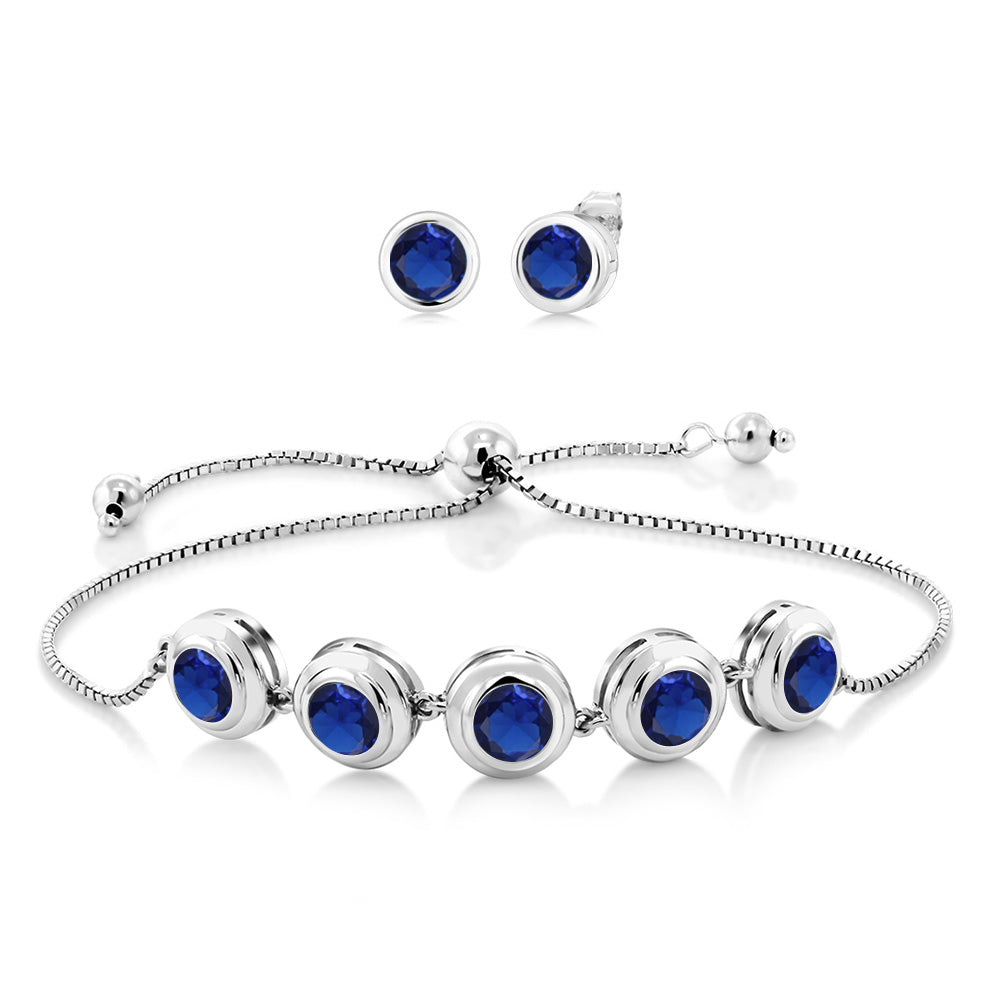 925 Sterling Silver Round Gemstone Birthstone Bracelet and Stud Earrings Jewelry Set For Women | Round 6MM | Adjustable Bolo Bracelet For Women | Easy-On Easy-Off