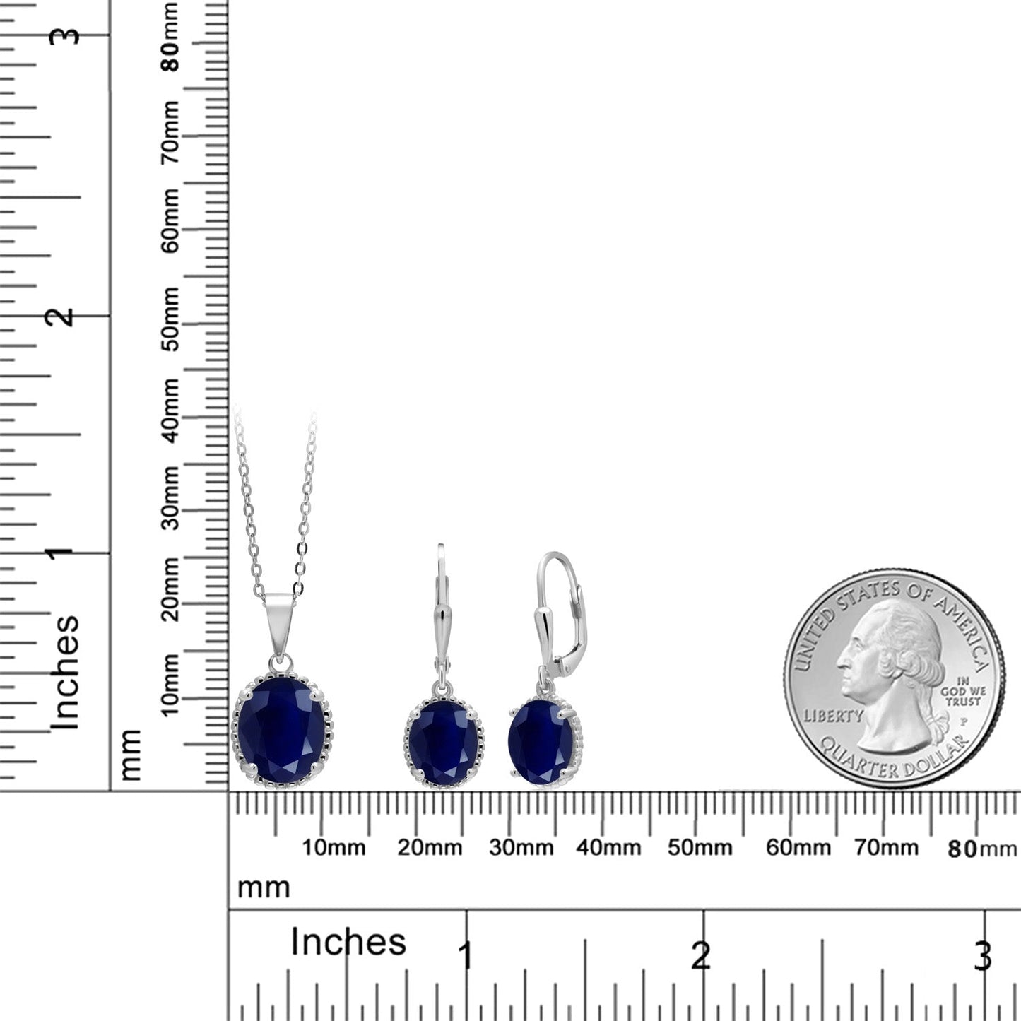 925 Sterling Silver Blue Sapphire Pendant and Earrings Jewelry Set For Women (8.90 Cttw, Gemstone Birthstone, Oval 11X9MM and 9X7MM, with 18 Inch Silver Chain)