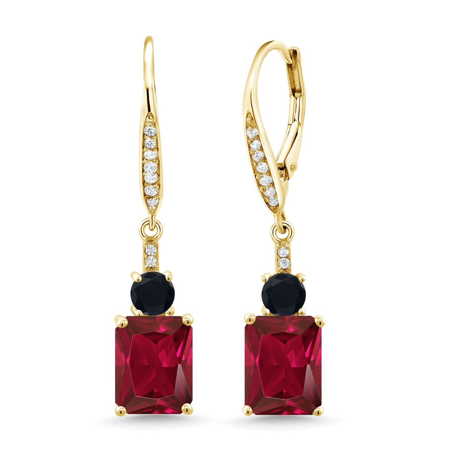 Gemstone Birthstone and Black Onyx Dangle Earrings for Women | 18K Yellow Gold Plated Silver | Emerald Cut 9X7MM with 4MM Round Accent | Elegant Drop Design | Gift for Her Wife Mom