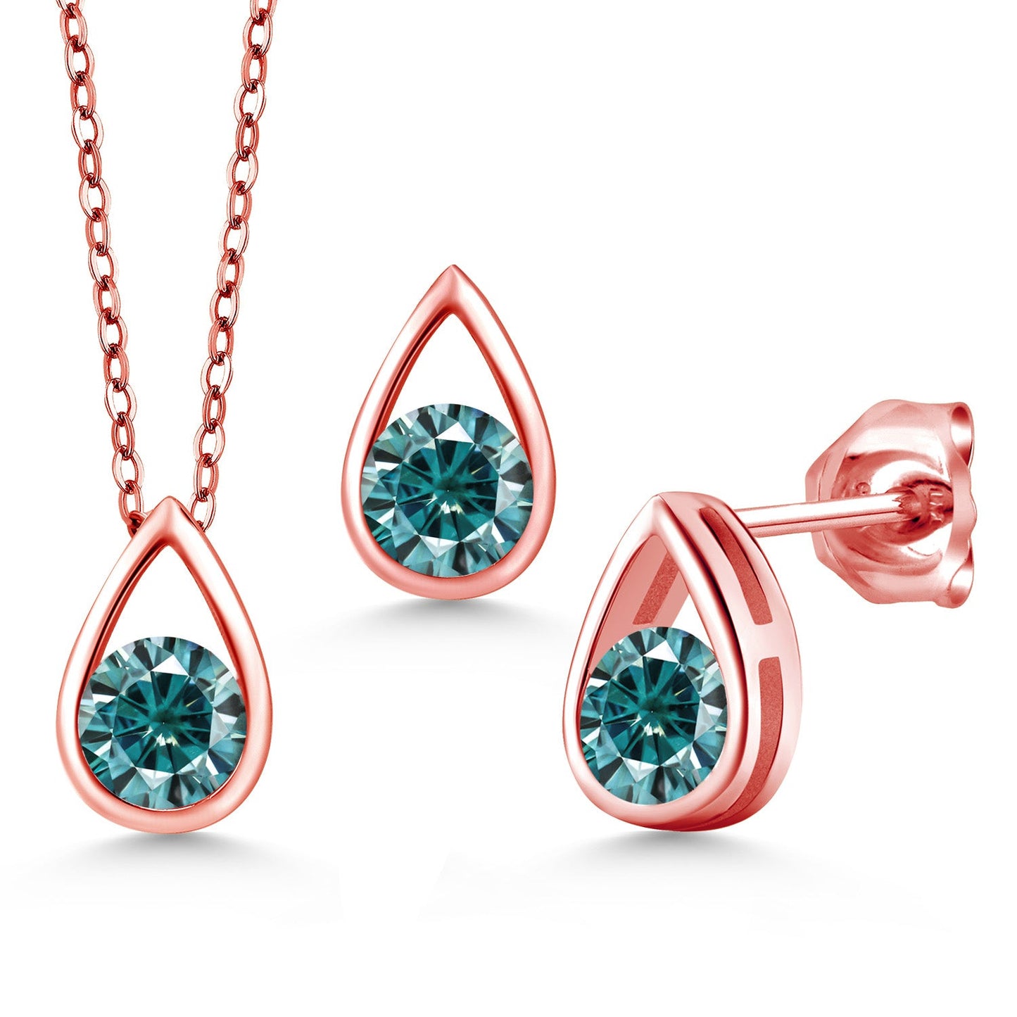 18K Rose Gold Plated Silver 5MM Round Gemstone Birthstone Teardrop Pendant Earrings Set | Jewelry Set for Women | With 18 Inch Chain