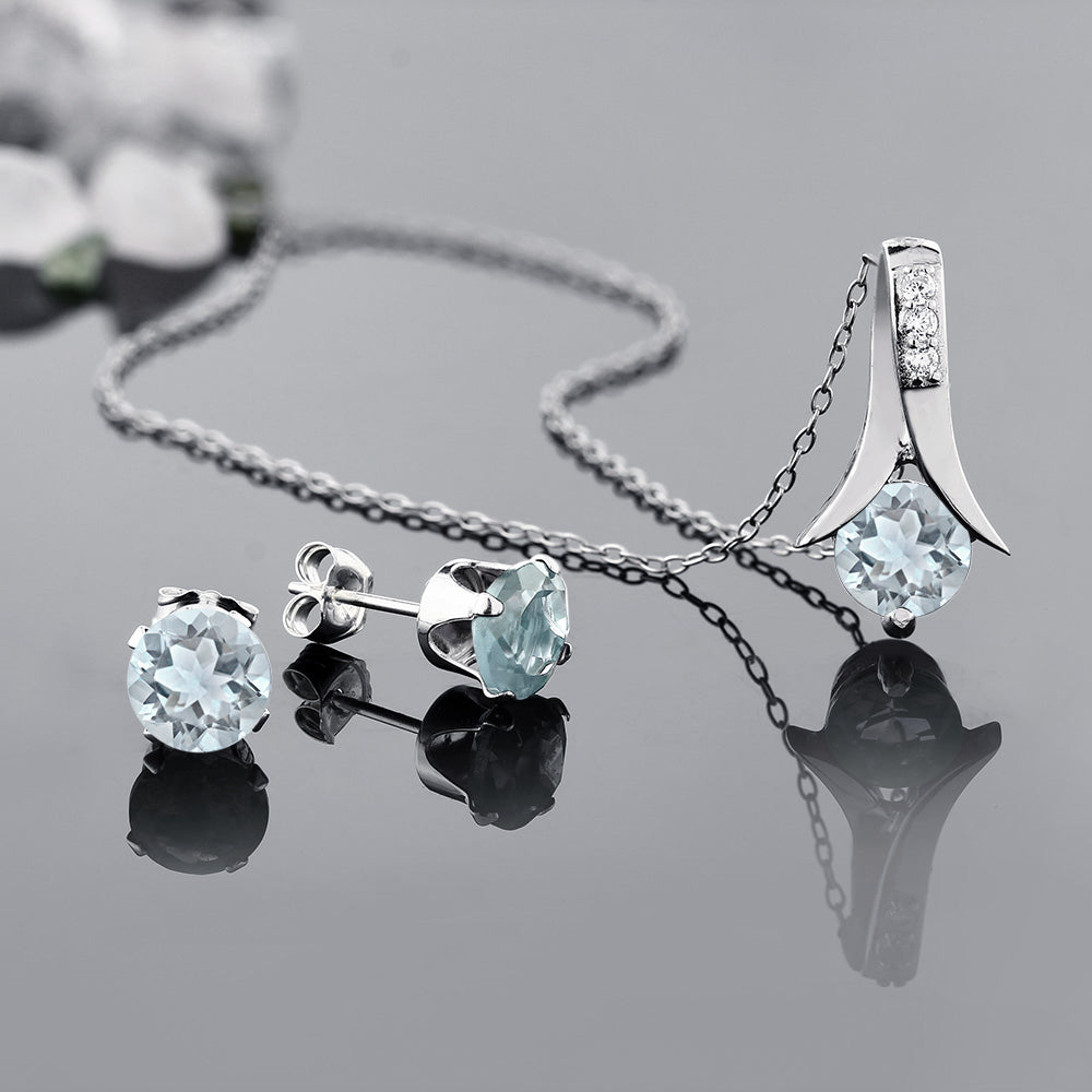925 Sterling Silver Aquamarine Pendant and Earrings Jewelry Set For Women (2.25 Cttw, Round Gemstone Birthstone, with 18 Inch Silver Chain)