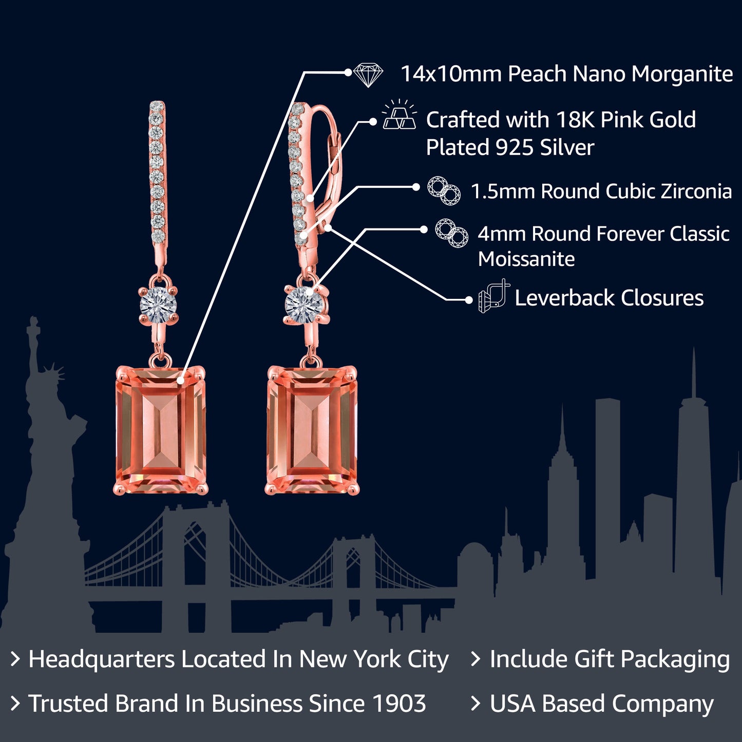 18K Rose Gold Plated Silver Emerald Cut Peach Nano Morganite and White Moissanite Dangle Earrings For Women | 13.36 Cttw | Emerald Cut 14X10MM