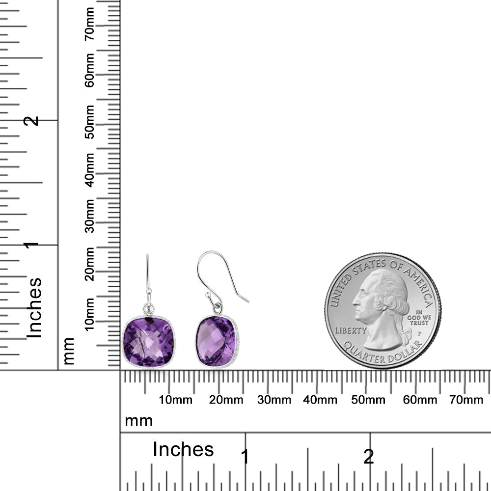 925 Sterling Silver Amethyst Drop Dangle Earrings For Women | 10.00 Cttw | Gemstone Birthstone | Cushion Checkerboard 11MM