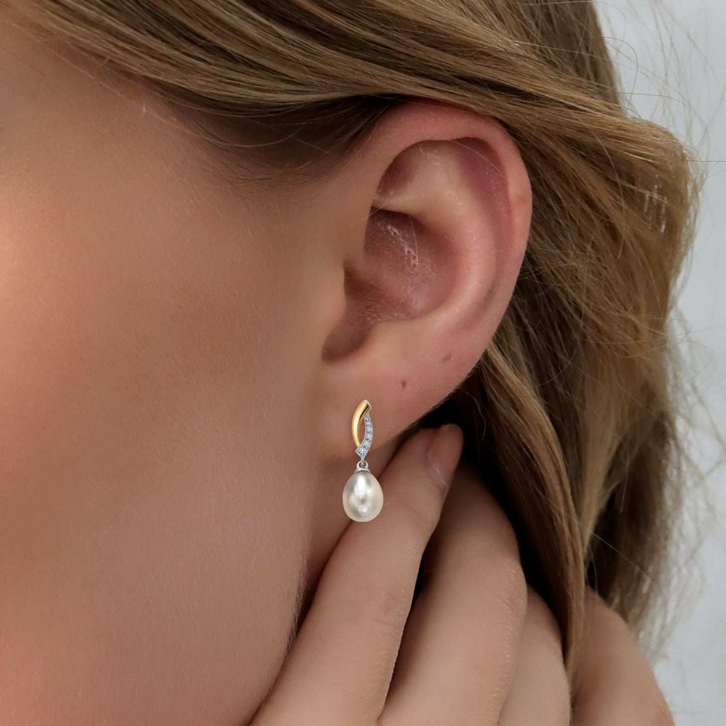 925 Sterling Silver and 10K Yellow Gold 9X7MM Cultured Freshwater Pearl and Lab Grown Diamond Dangle Earrings For Women