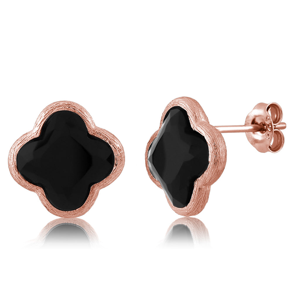 18K Gold Plated Sterling Silver Flower Shape Clover Designs Black Onyx Diamond Cut Stud Earrings For Women