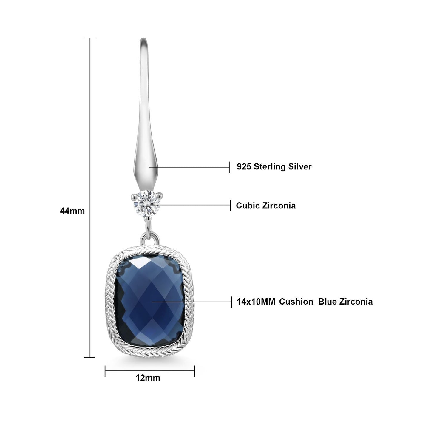 925 Sterling Silver Simulated Sapphire Dangle Drop Earrings For Women (4.60 Cttw, Cushion Checkerboard Cut, 14X10MM)