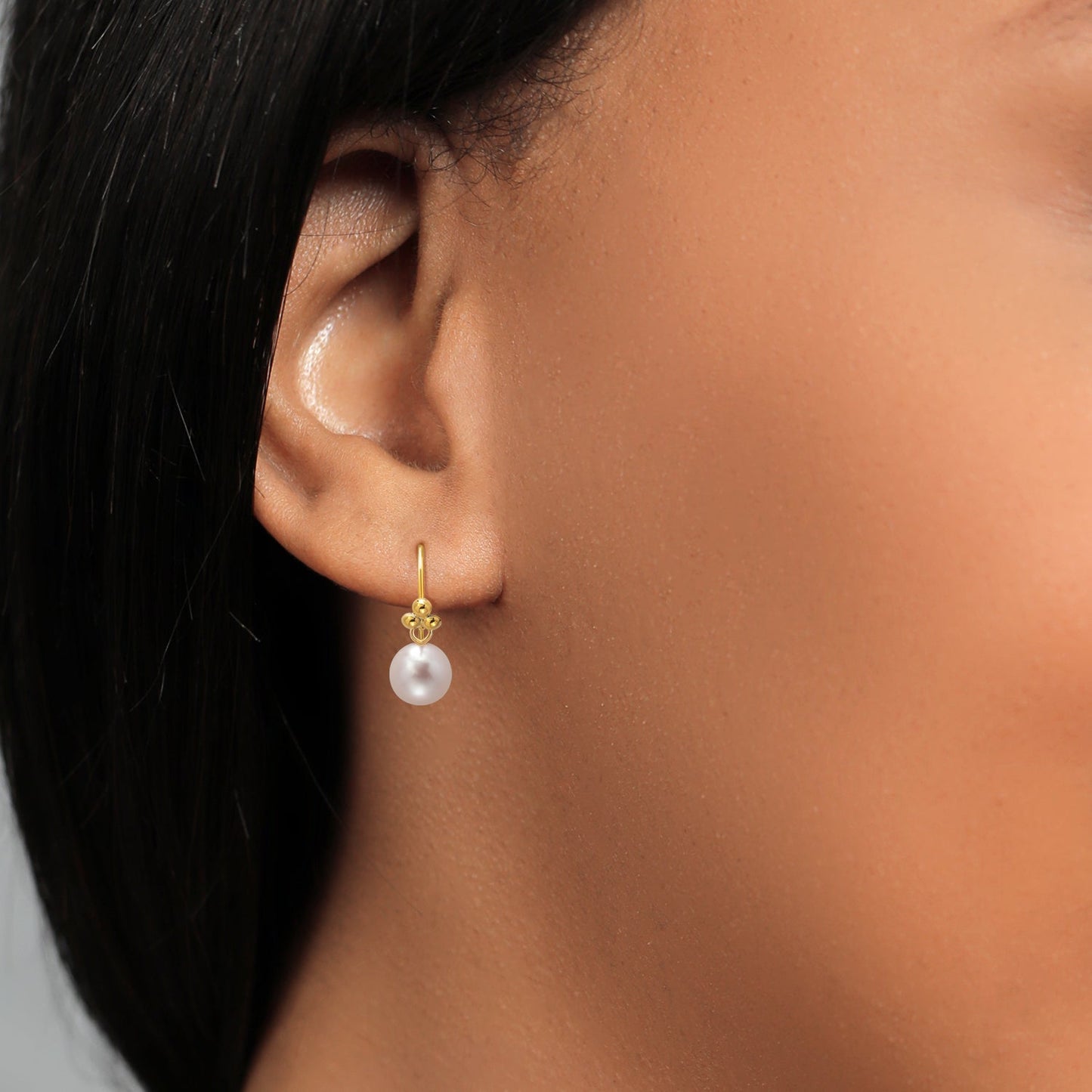 14K Yellow Gold Frenchwire Dangling 7MM White Round Shape Cultured Freshwater Pearl Earrings For Women