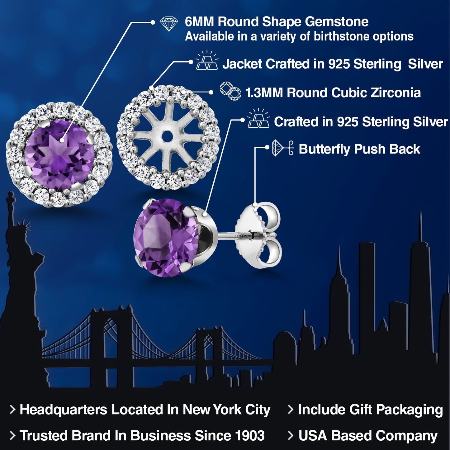 6MM Round Gemstone Birthstone Removable Jacket Stud Halo Earrings For Women | 925 Sterling Silver | Fine Jewelry Gifts for Her Mom Women Wife