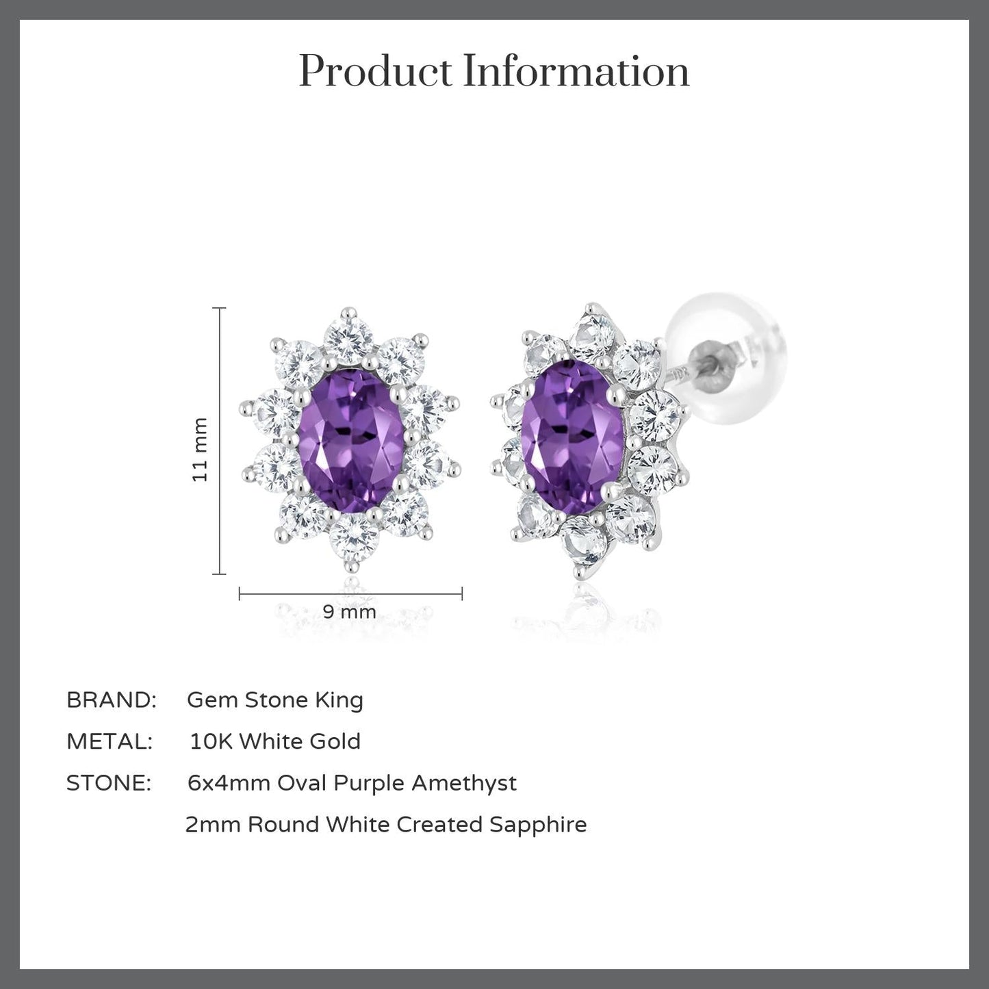 10K White Gold Oval Gemstone Birthstone and White Created Sapphire Halo Stud Earrings | Oval 6X4MM | Gold Earrings for Women