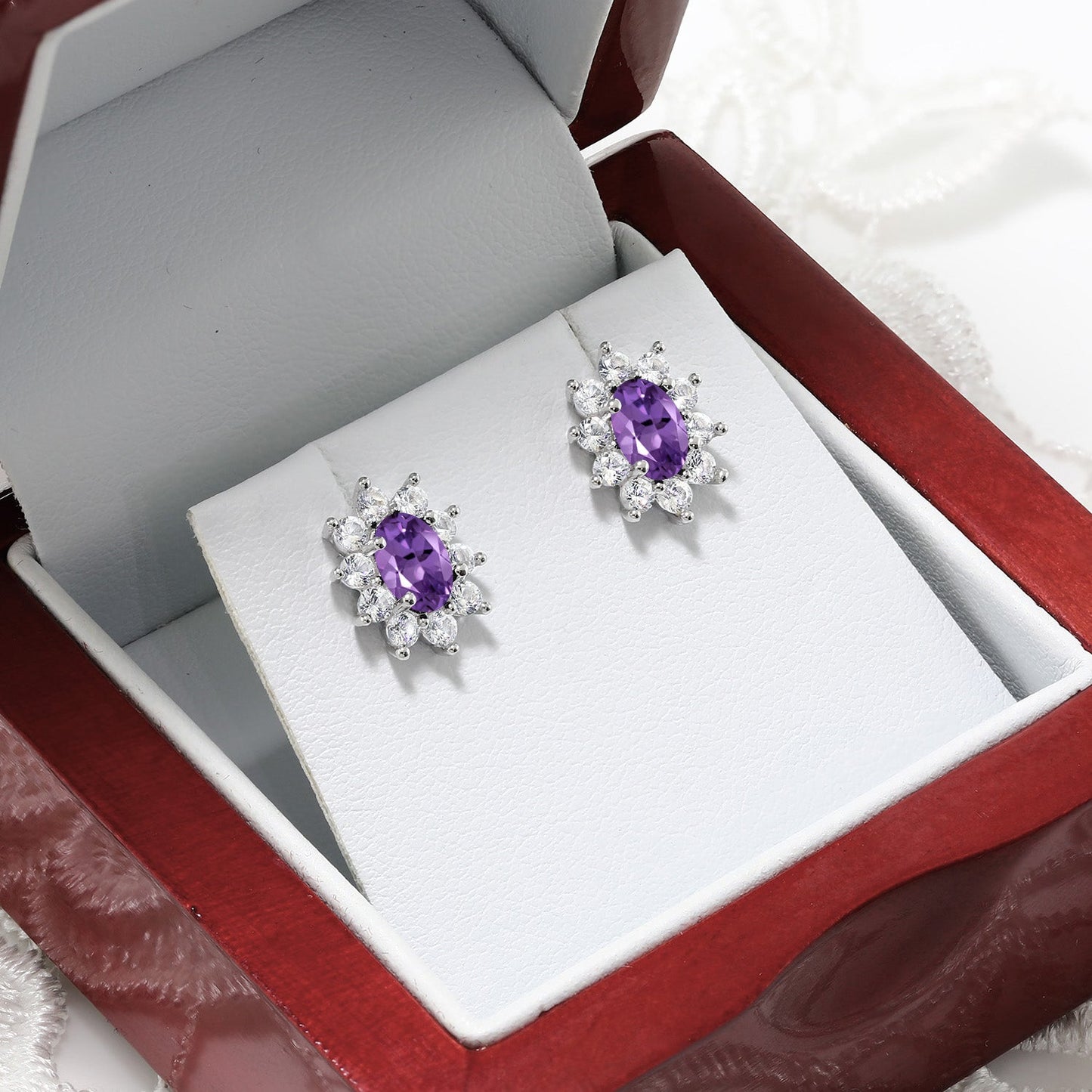 10K White Gold Oval Gemstone Birthstone and White Created Sapphire Halo Stud Earrings | Oval 6X4MM | Gold Earrings for Women