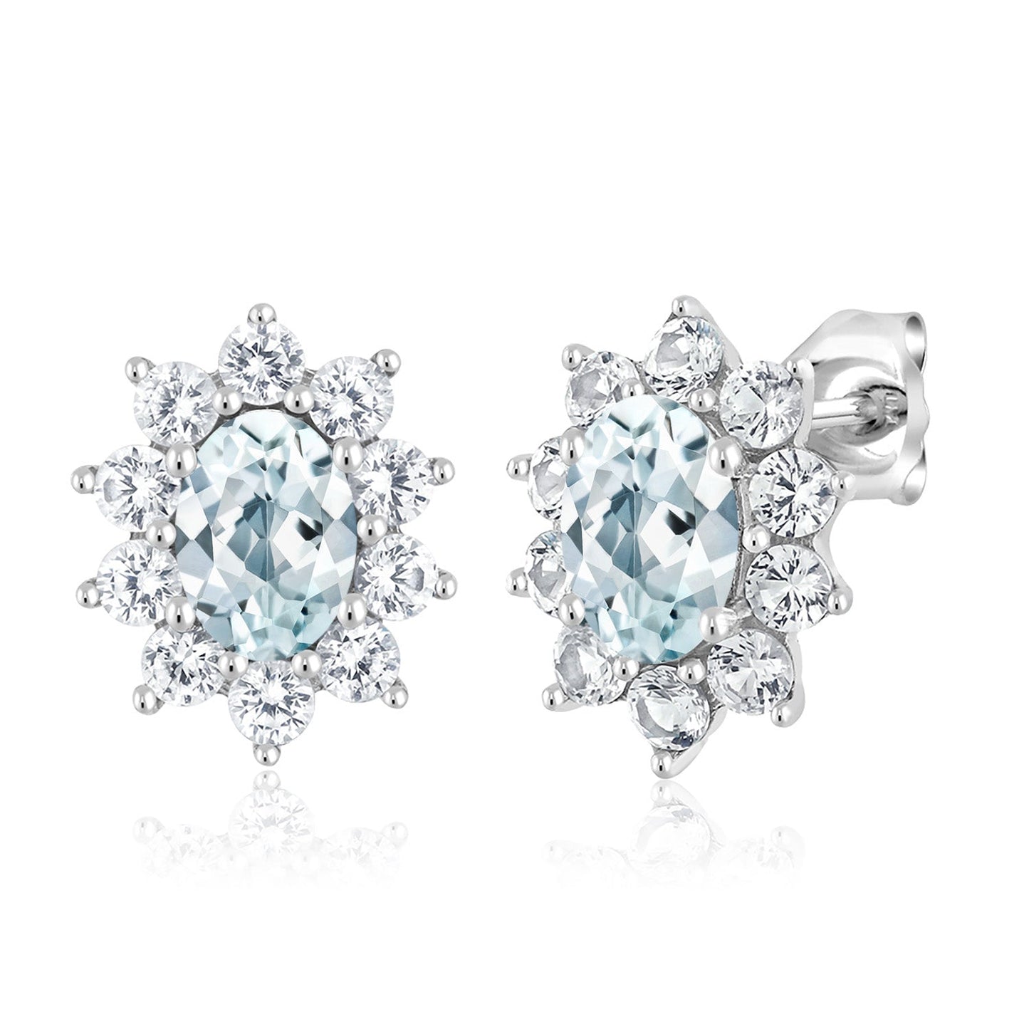 10K White Gold Oval Gemstone Birthstone and White Created Sapphire Halo Stud Earrings | Oval 6X4MM | Gold Earrings for Women