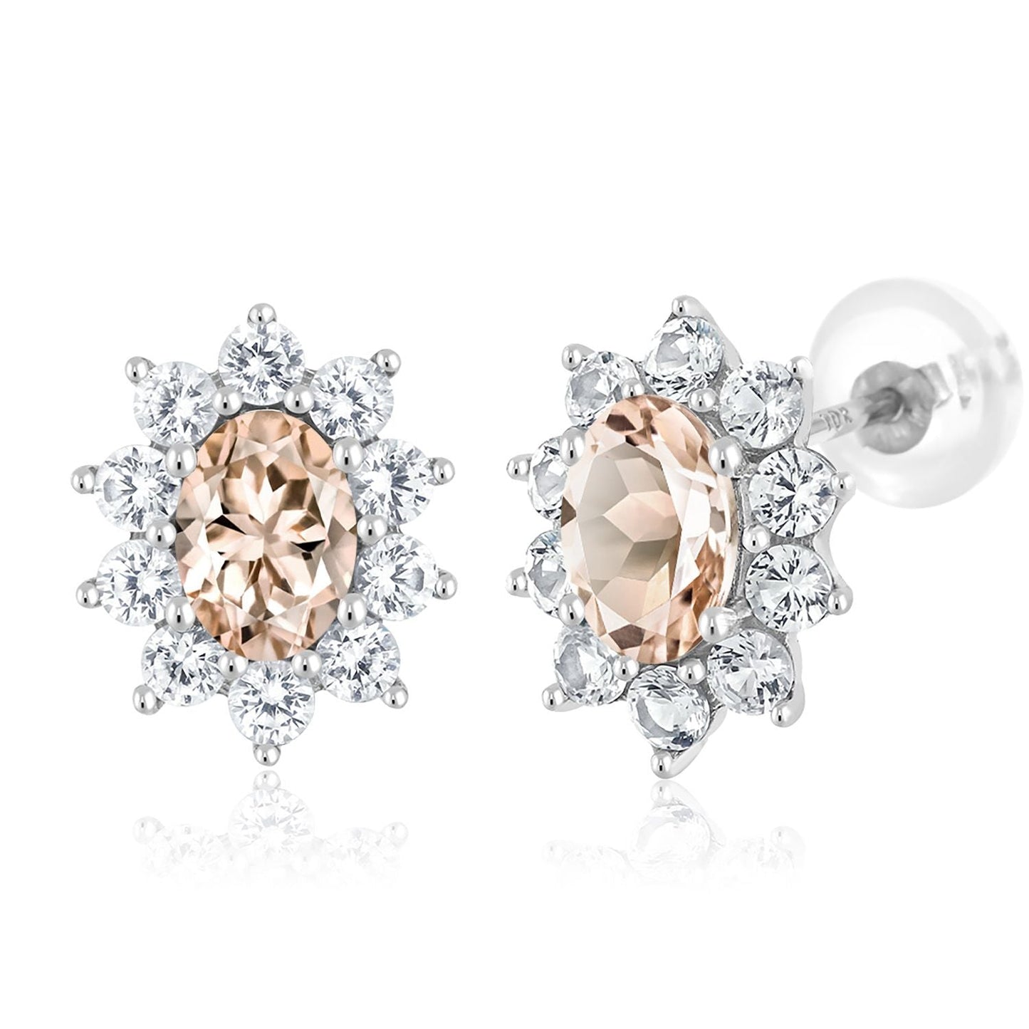 10K White Gold Oval Gemstone Birthstone and White Created Sapphire Halo Stud Earrings | Oval 6X4MM | Gold Earrings for Women