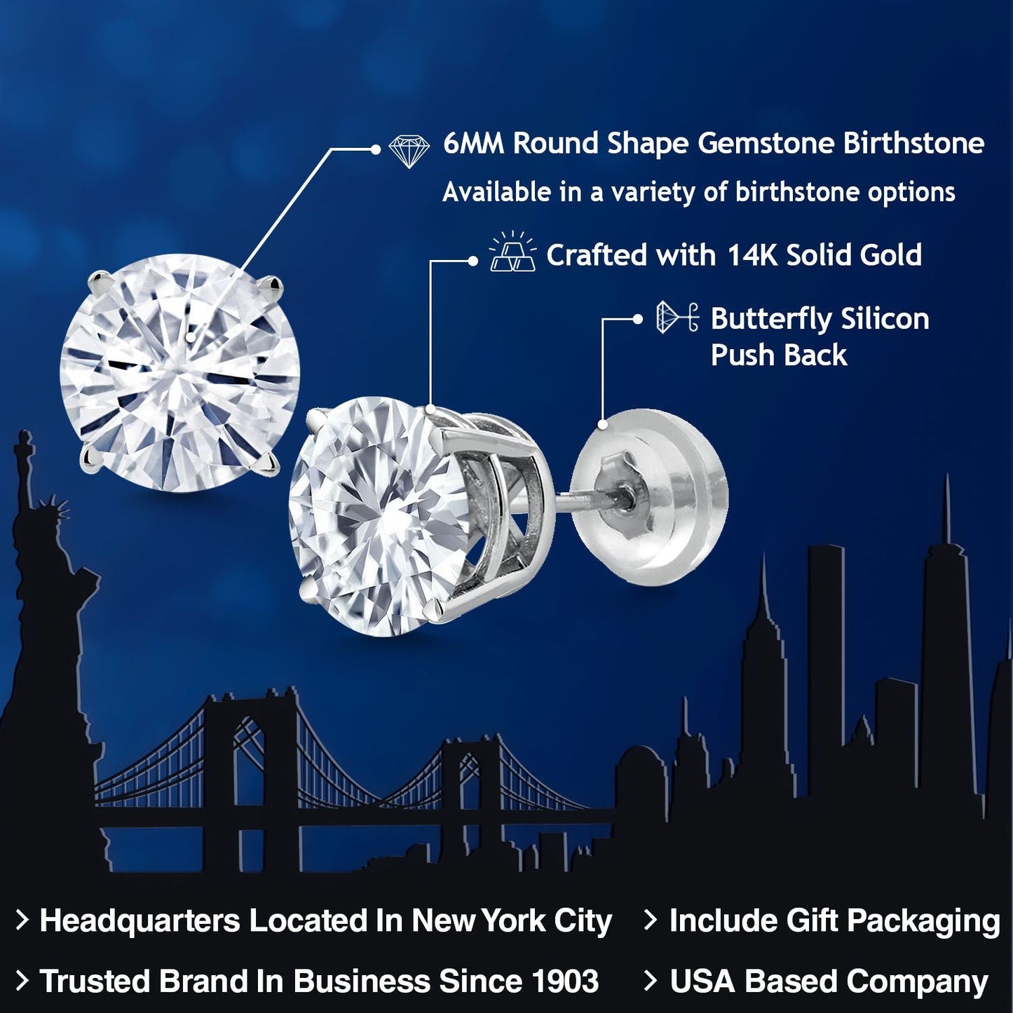 14K White Gold Round Forever Classic Moissanite Stud Earrings For Women Men (1.60 Cttw, Round 6MM)