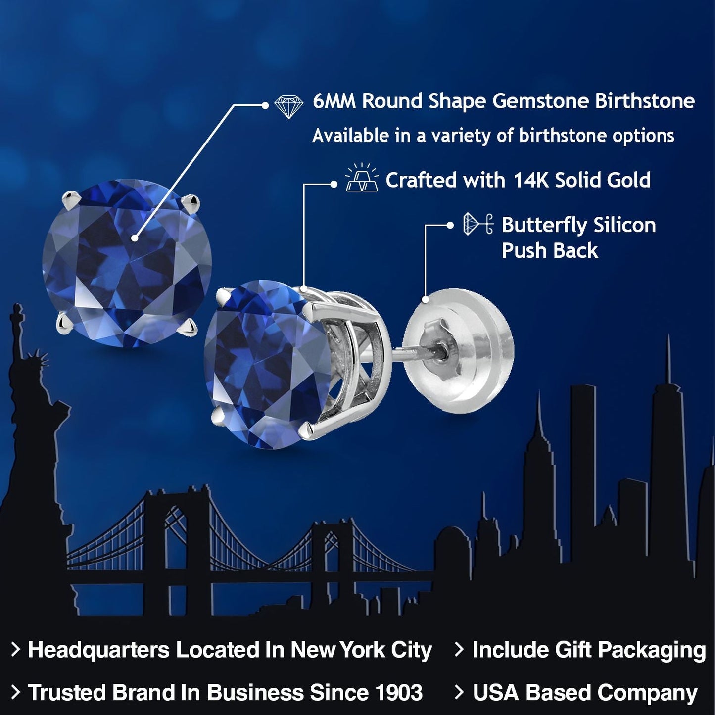 14K White Gold Blue Created Sapphire Stud Earrings | 1.50 Cttw | Round 6MM | Gold Earrings For Women Men