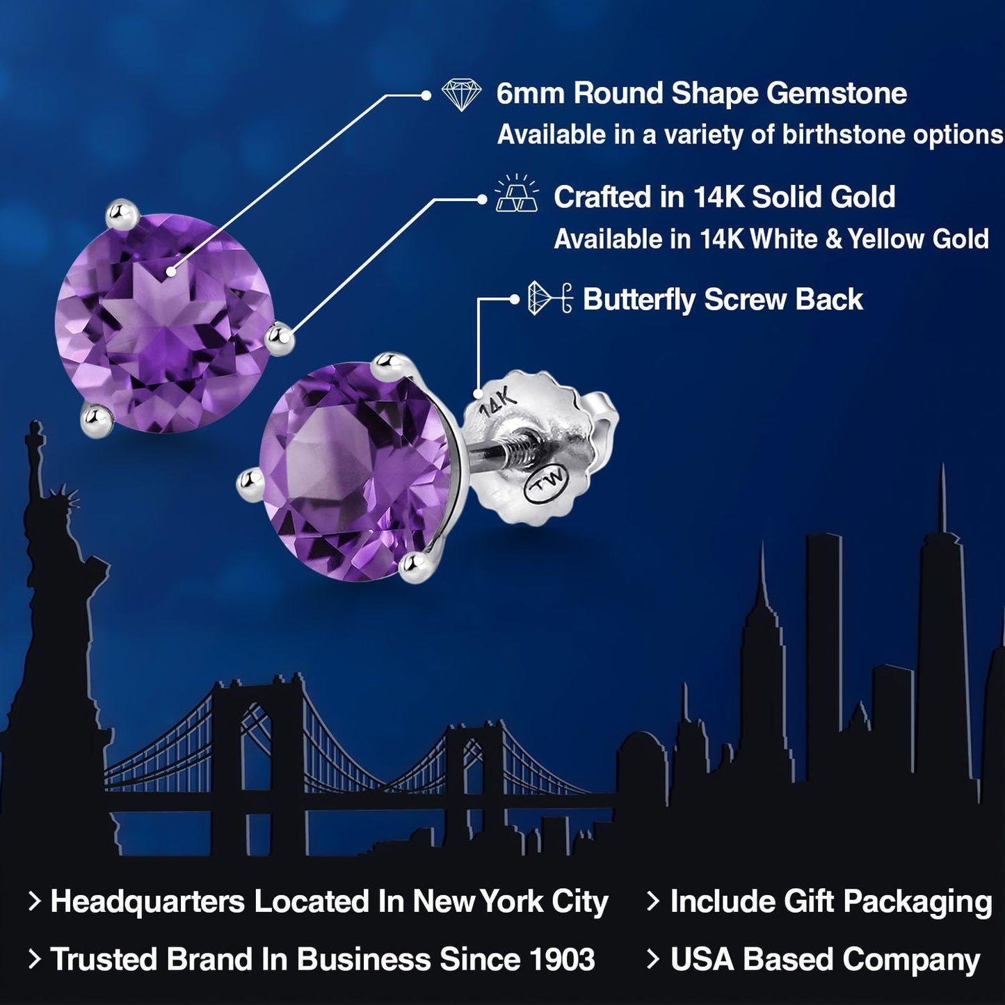 14K White Gold Martini Earrings | 3 Prong Screw Back Stud Earrings For Women Men | Round 6MM | Gemstone Birthstone | White Gold Earrings For Women Men