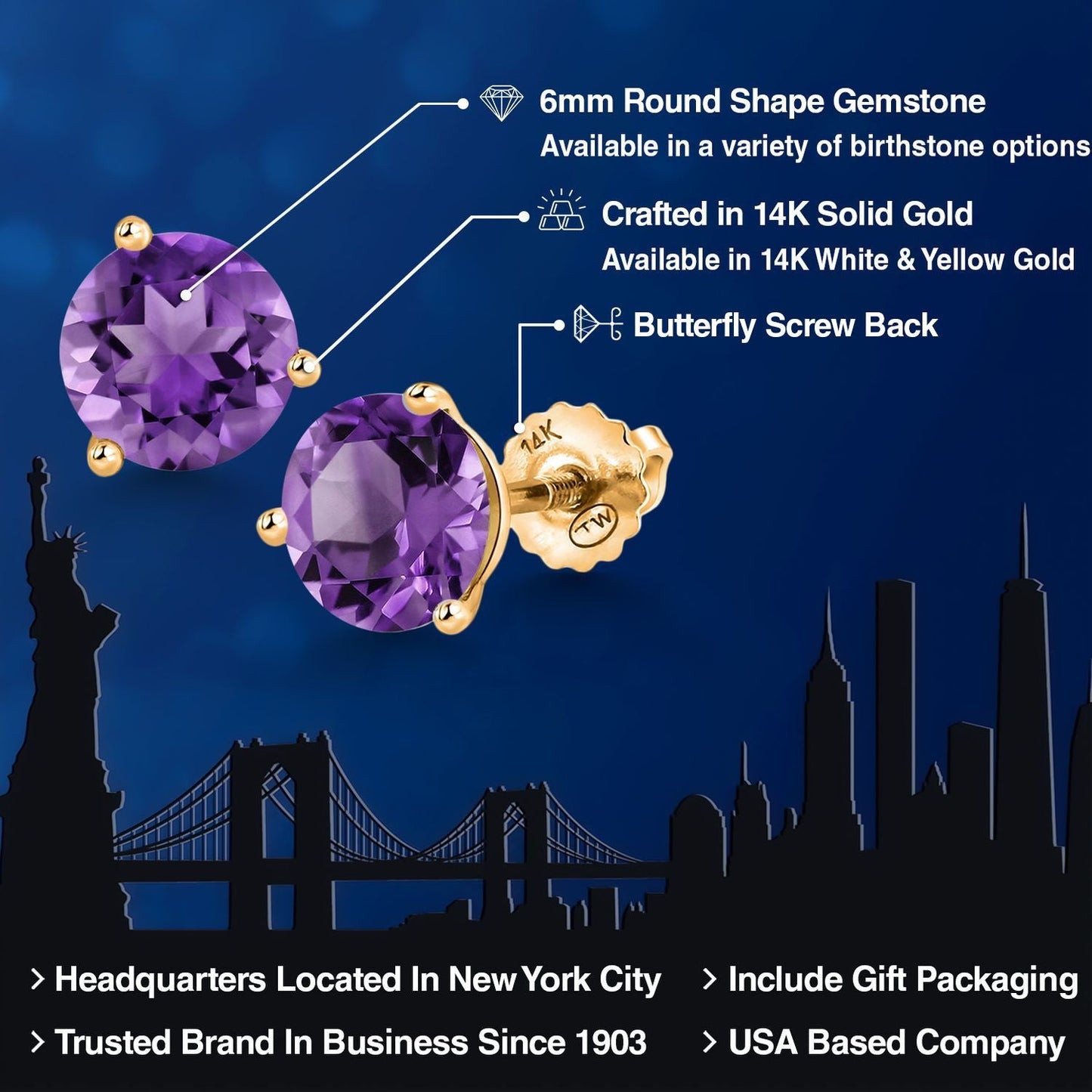 14K Yellow Gold Martini Earrings | 3 Prong Screw Back Stud Earrings For Women Men | Round 6MM | Gemstone Birthstone | Gold Earrings For Women Men