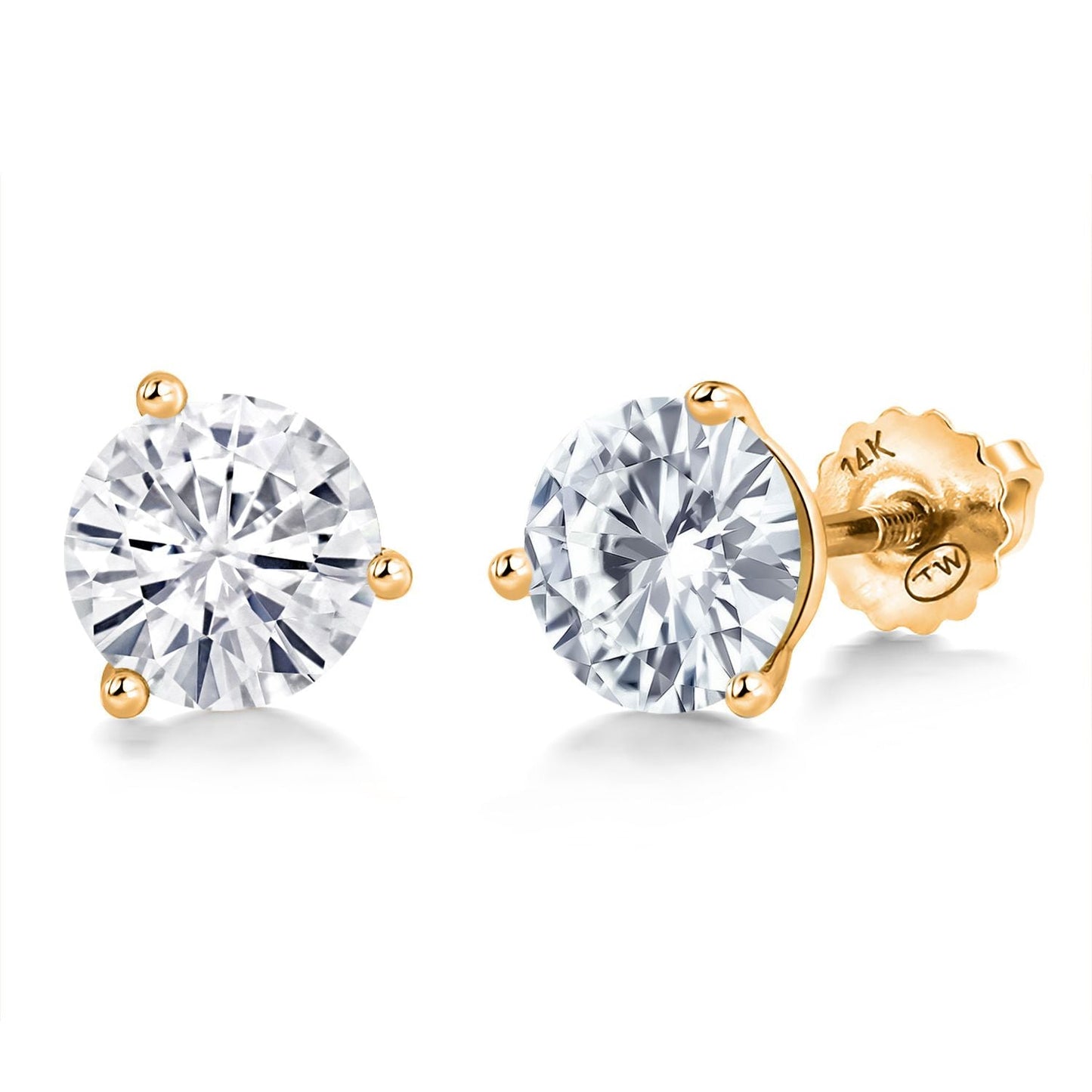 Solid 14K Gold Round Moissanite Martini 3 Prong Secure Screw-Backs Stud Earrings For Women Men | 1.50 Cttw | Round 6MM