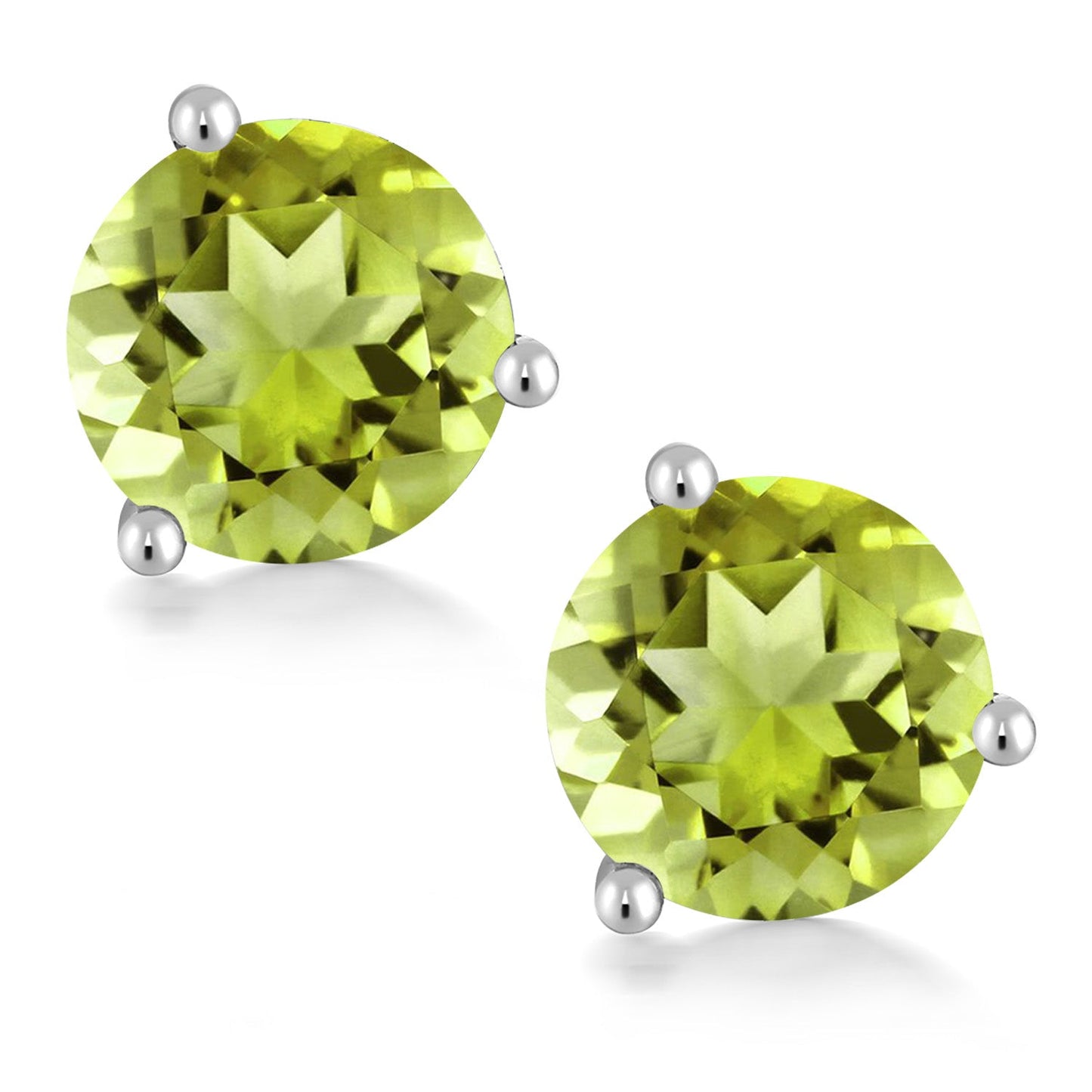 14K White Gold Green Peridot Three-Prong Martini Stud Earrings For Women Men (2.90 Cttw, Round 7MM)