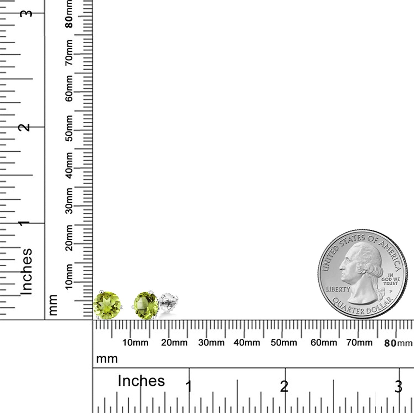 14K White Gold Green Peridot Three-Prong Martini Stud Earrings For Women Men (2.90 Cttw, Round 7MM)