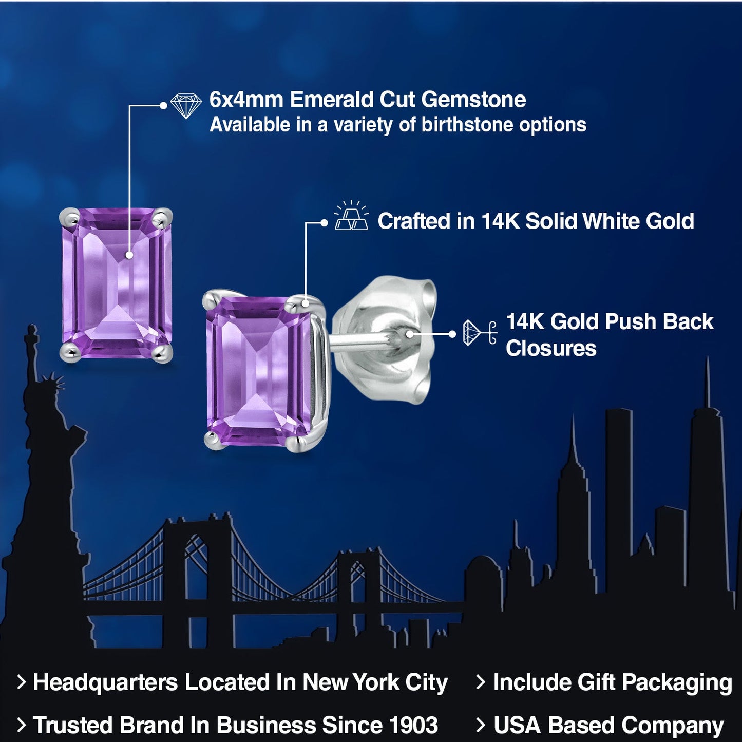 14K White Gold 6X4MM Emerald Cut Gemstone Birthstone Stud Earrings | Double Notch | Basket Setting | Gold Earrings For Women Men