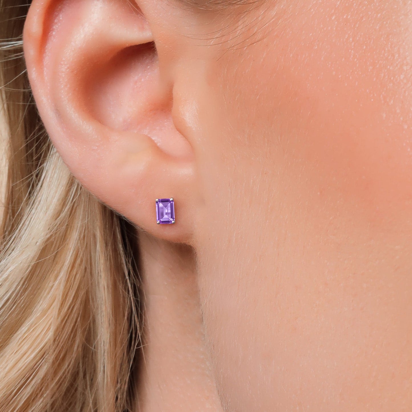 14K White Gold 6X4MM Emerald Cut Gemstone Birthstone Stud Earrings | Double Notch | Basket Setting | Gold Earrings For Women Men