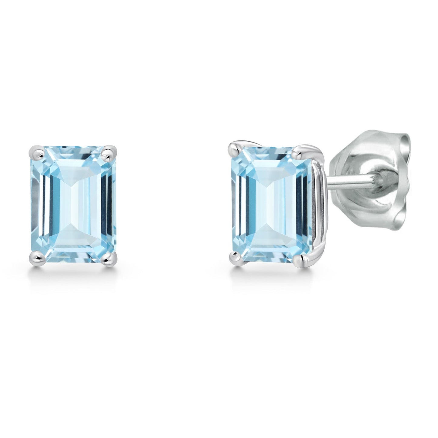 14K White Gold 6X4MM Emerald Cut Gemstone Birthstone Stud Earrings | Double Notch | Basket Setting | Gold Earrings For Women Men
